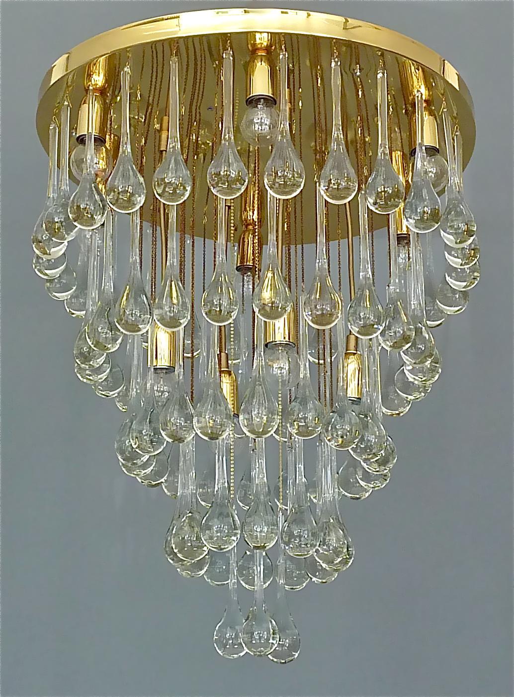 Large Gilt Brass Murano Glass Drop Chandelier Flush Mount Venini Palwa Style 60s For Sale 3