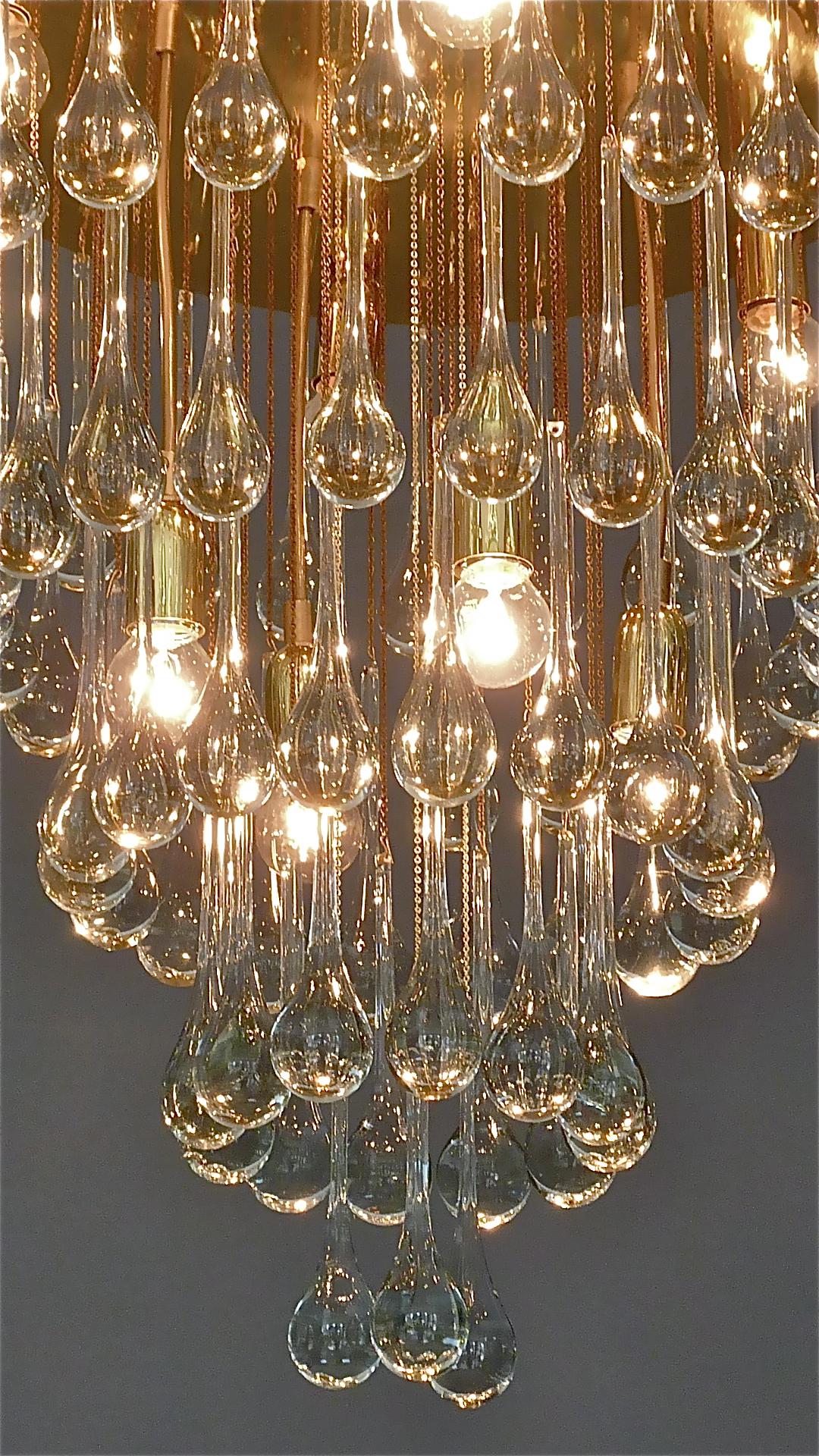 Large Gilt Brass Murano Glass Drop Chandelier Flush Mount Venini Palwa Style 60s For Sale 10