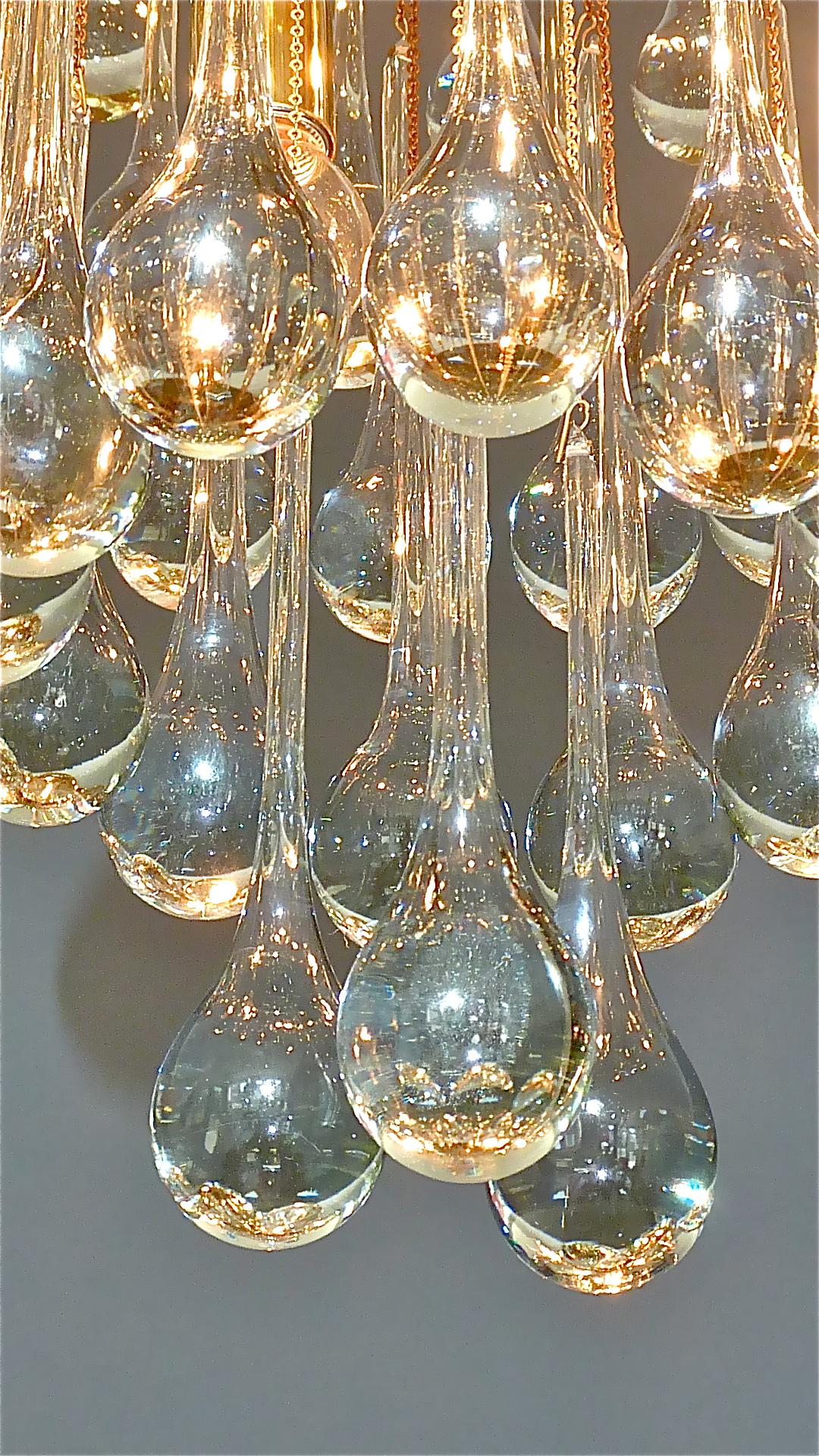 Large Gilt Brass Murano Glass Drop Chandelier Flush Mount Venini Palwa Style 60s For Sale 11