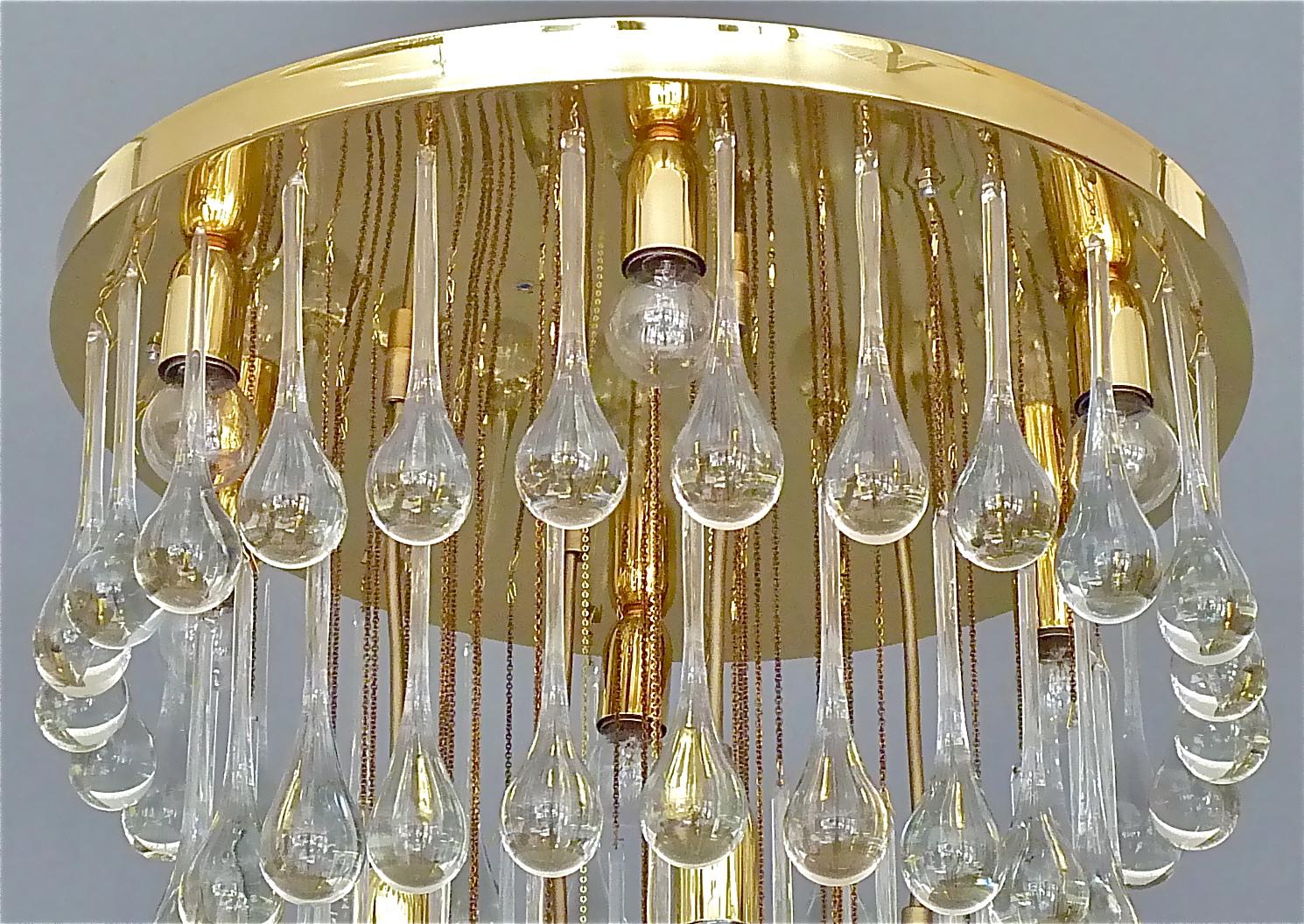 Großer vergoldetes Messing Murano Glas Tropfen Kronleuchter Flush Mount Venini Palwa Style 60s (Hollywood Regency) im Angebot