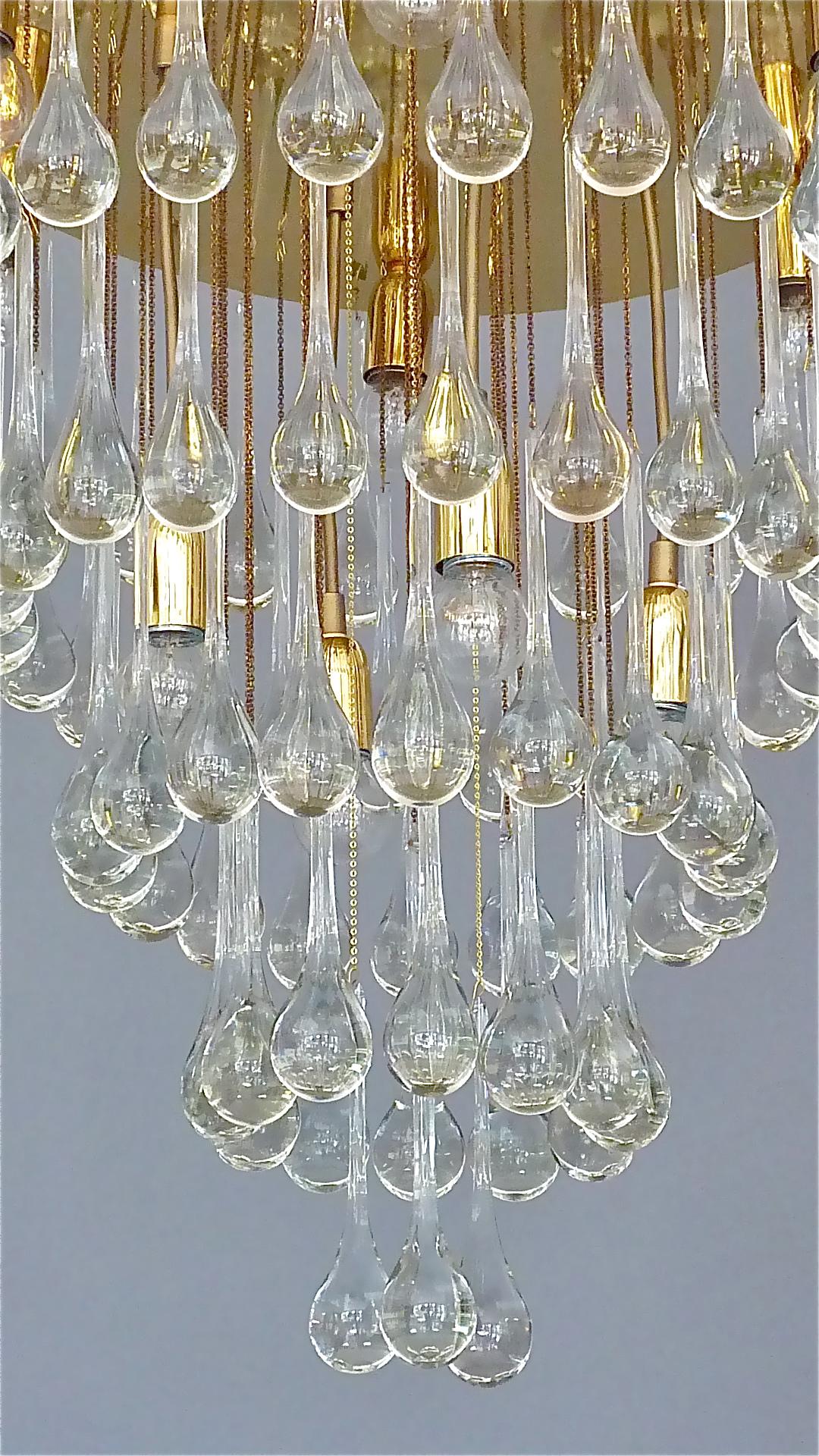 German Large Gilt Brass Murano Glass Drop Chandelier Flush Mount Venini Palwa Style 60s For Sale