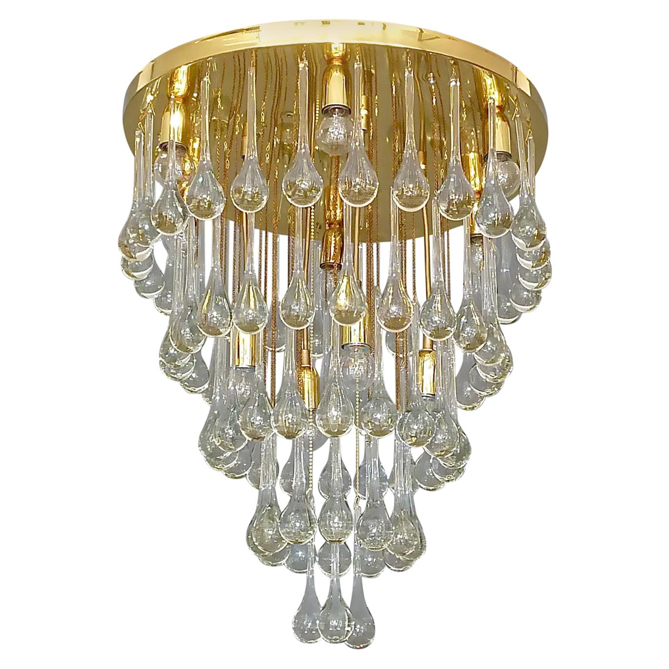 Large Gilt Brass Murano Glass Drop Chandelier Flush Mount Venini Palwa Style 60s