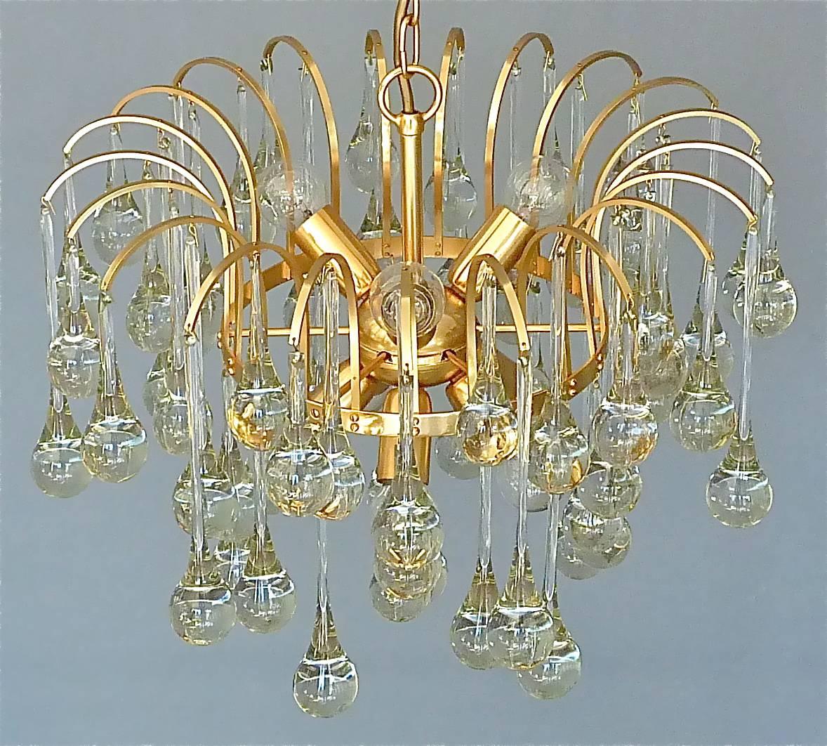 Large Sputnik Chandelier Gilt Brass Elongated Murano Glass Drops Waterfall 1960s For Sale 1