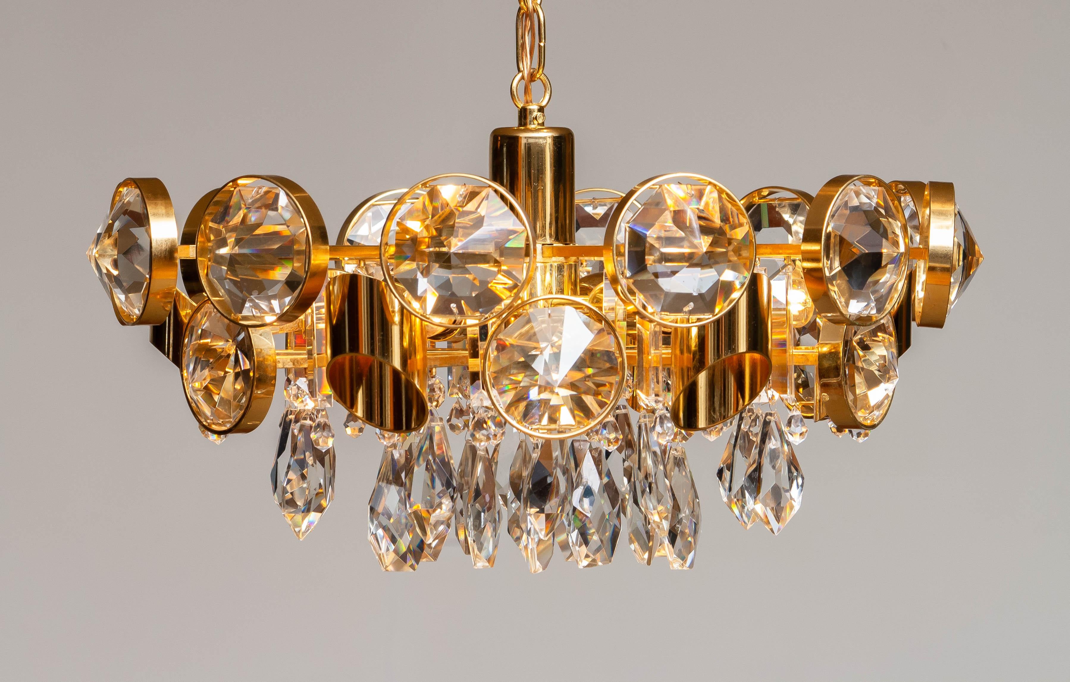 Large Gilt Brass Filled with Large Faceted Crystals Chandelier by Ernest Palme For Sale 3