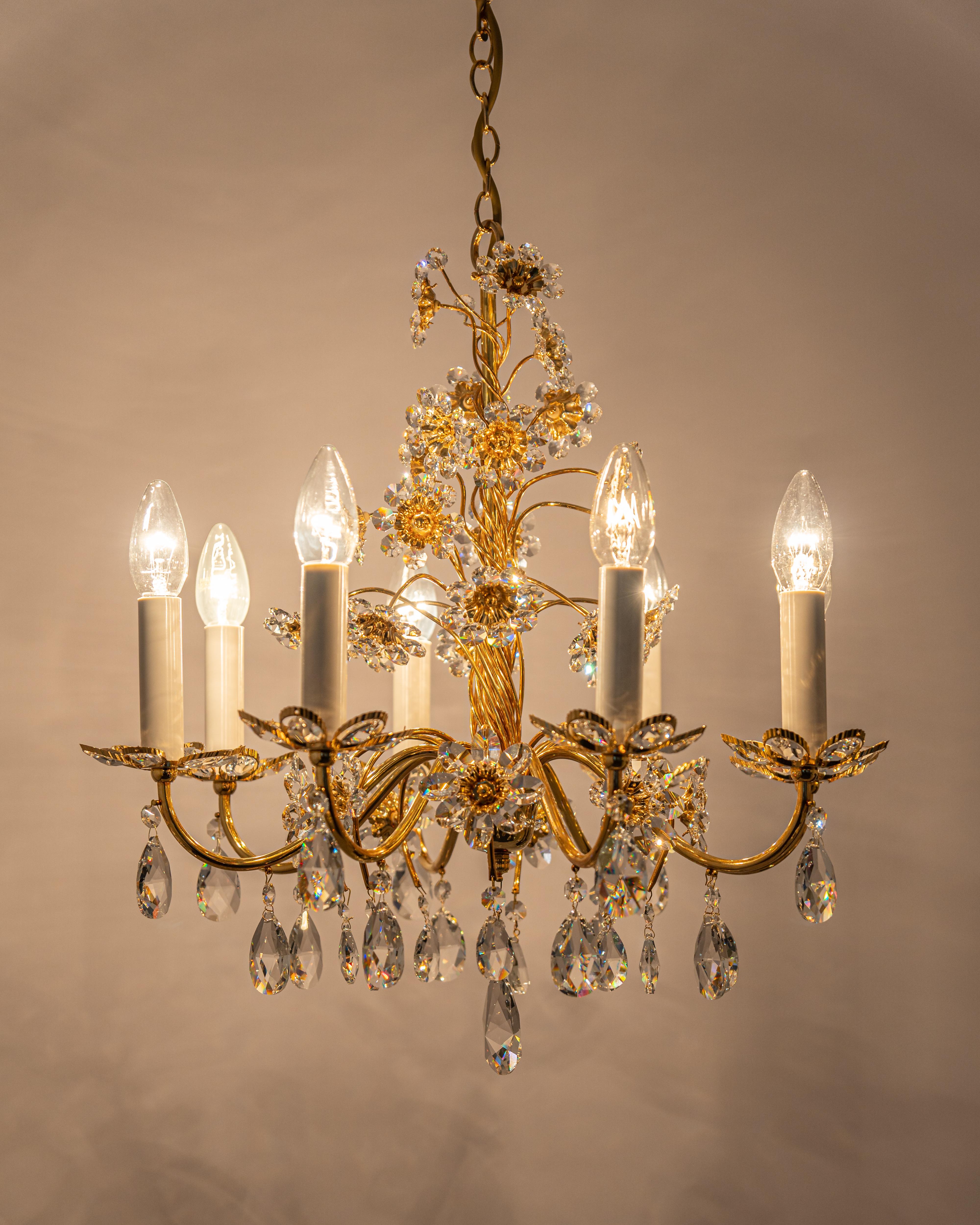 Large Gilt Brass Flower Shape Chandelier by Palwa, Germany, 1970s For Sale 10