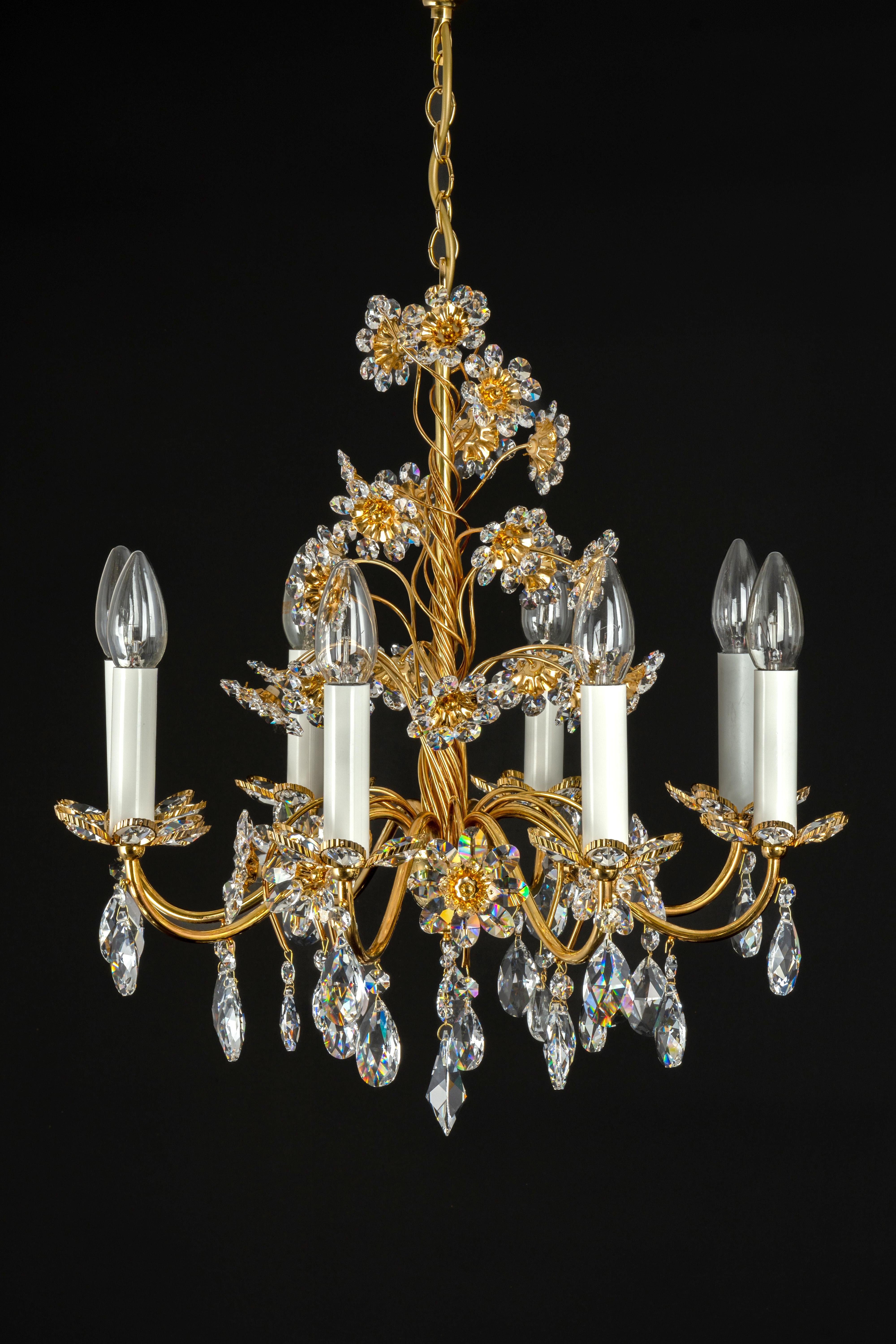 Large Gilt Brass Flower Shape Chandelier by Palwa, Germany, 1970s For Sale 11