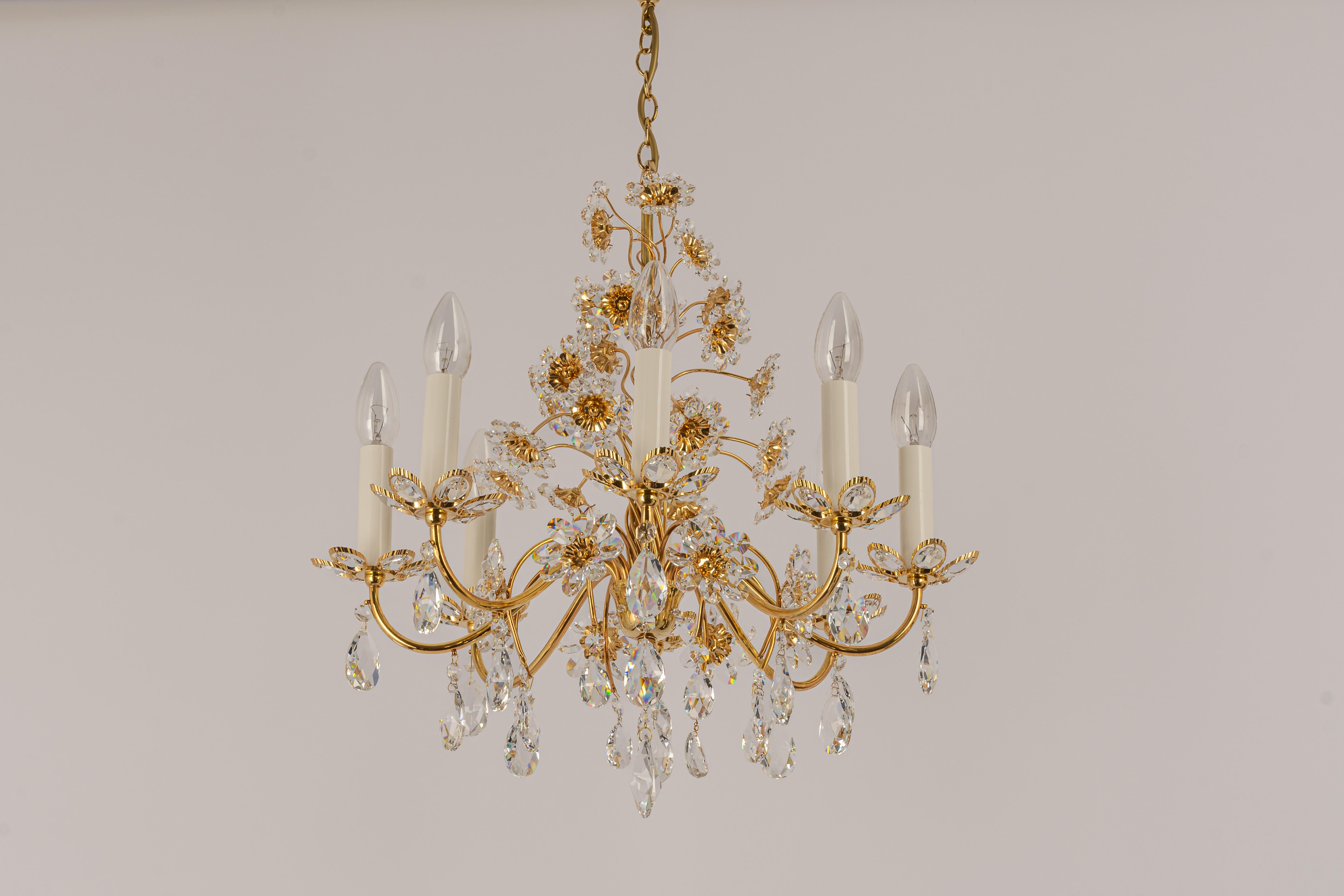 Mid-Century Modern Large Gilt Brass Flower Shape Chandelier by Palwa, Germany, 1970s For Sale