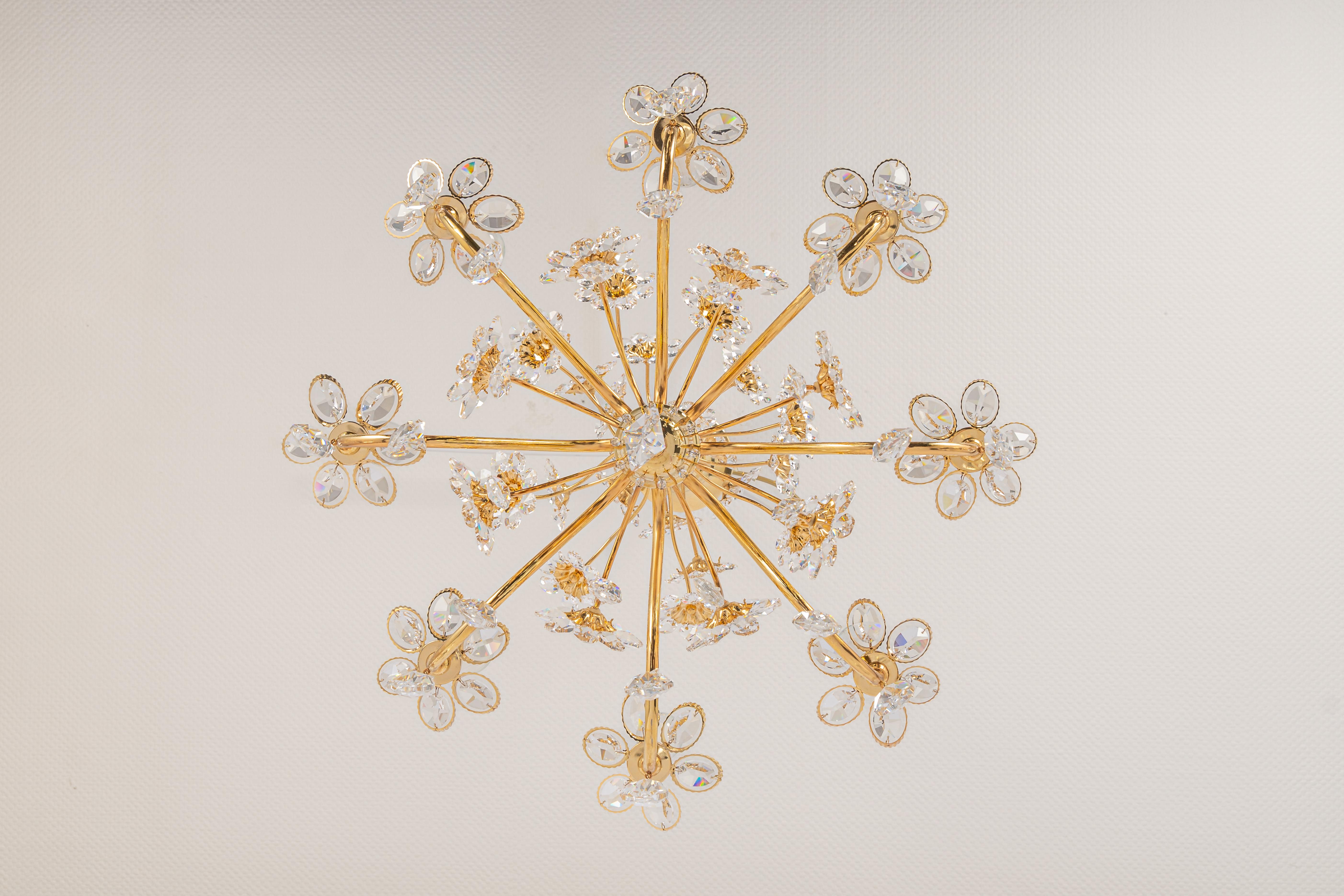 Late 20th Century Large Gilt Brass Flower Shape Chandelier by Palwa, Germany, 1970s For Sale