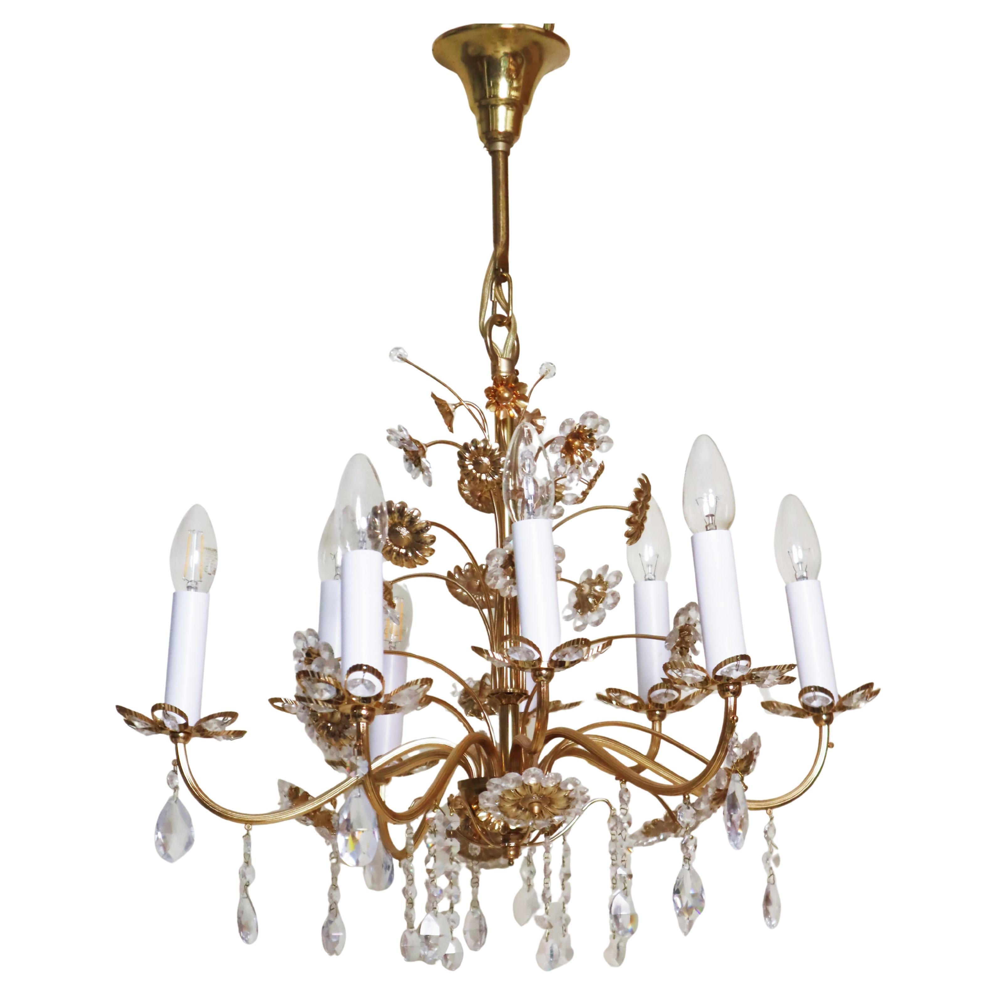 Large Gilt Brass Flower Shape Chandelier by Palwa, Germany, 1970s