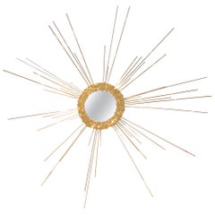 Large Gilt Brass Sun Mirror and White Gold Leaves, Contemporary Work