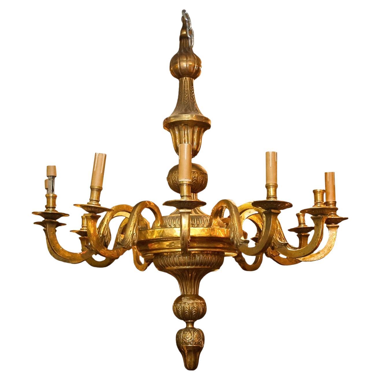 Large Antique French Neoclassical Gilt Bronze 12-Light Chandelier