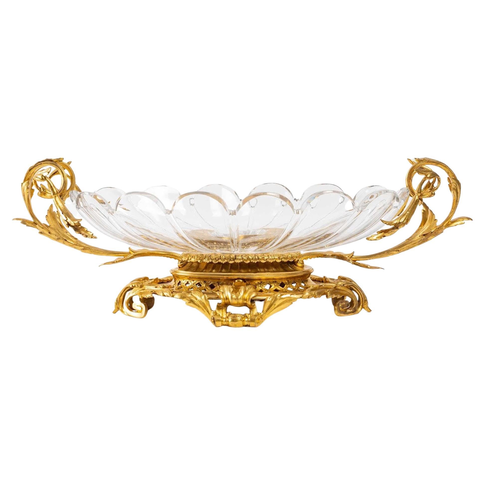 Large gilt Bronze and cut Crystal Bowl