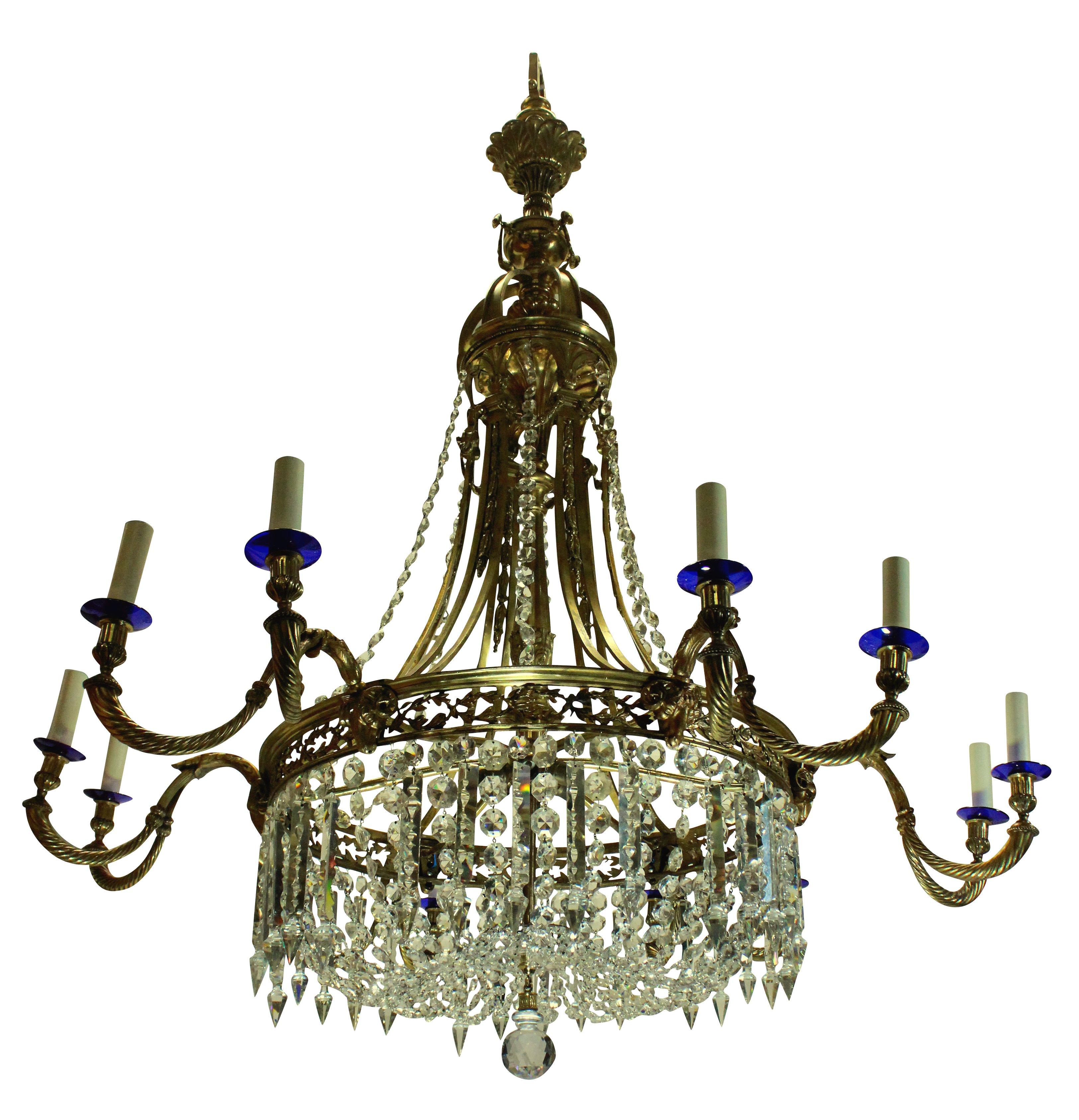 A large English Regency style gilt bronze and cut glass chandelier of fine quality. Formerly from Salperton Park, Gloucestershire.
