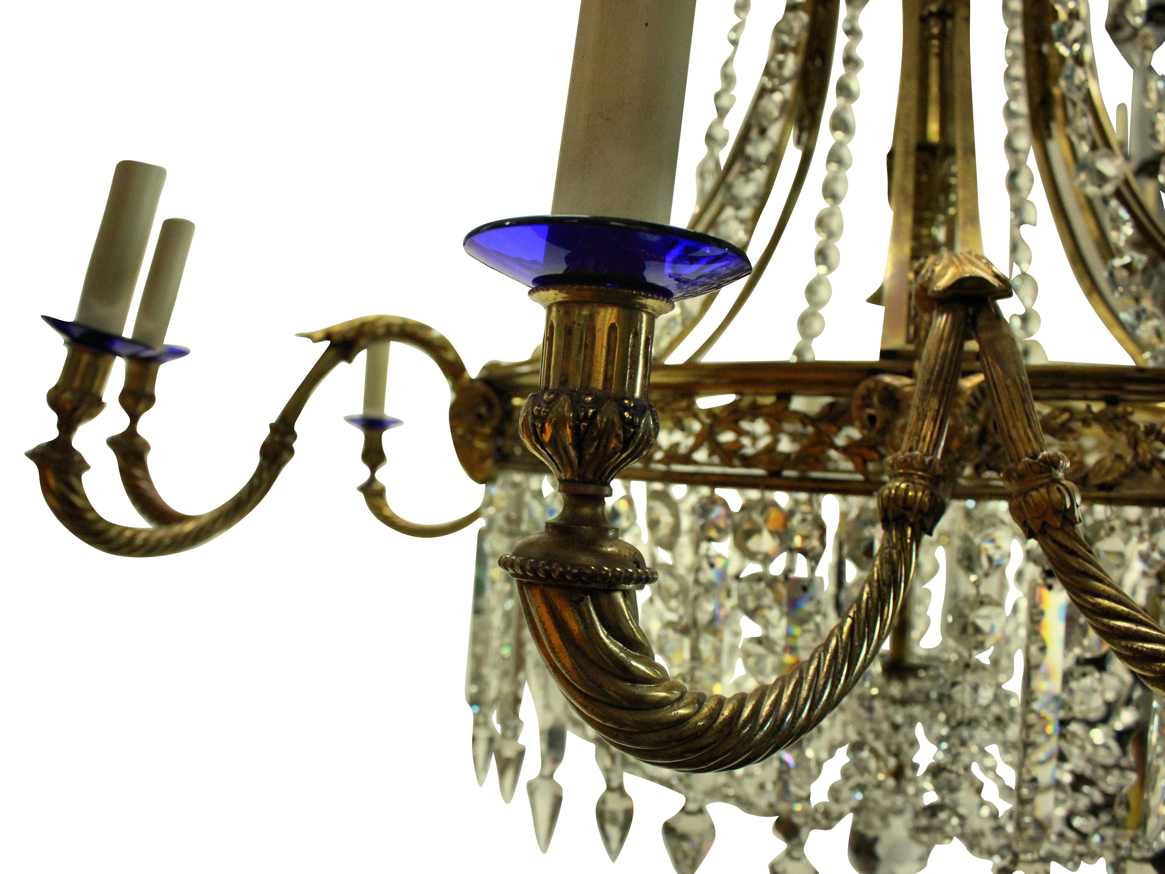 British Large Gilt Bronze and Cut Glass Regency Style Chandelier