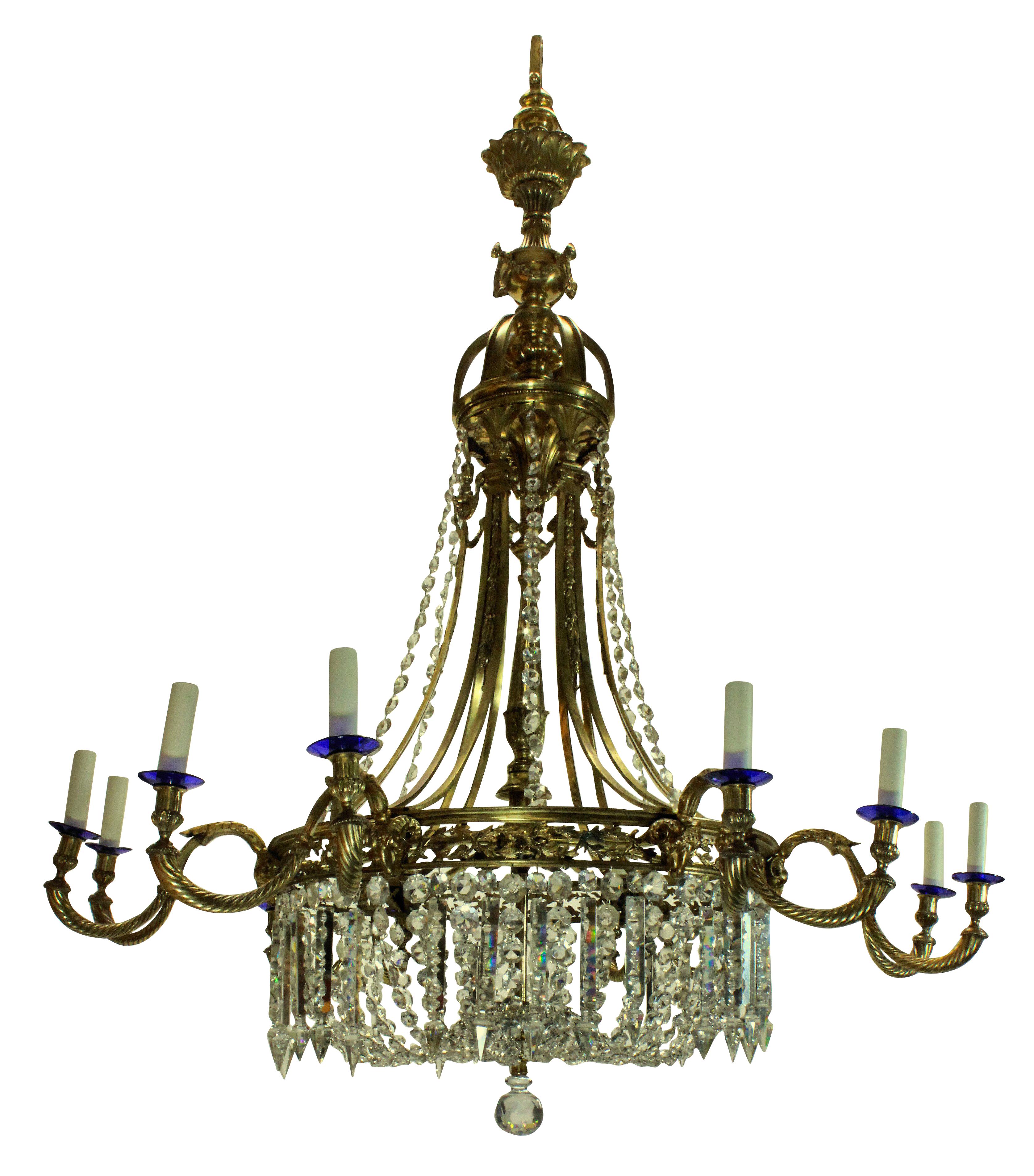 British Large Gilt Bronze and Cut Glass Regency Style Chandelier For Sale