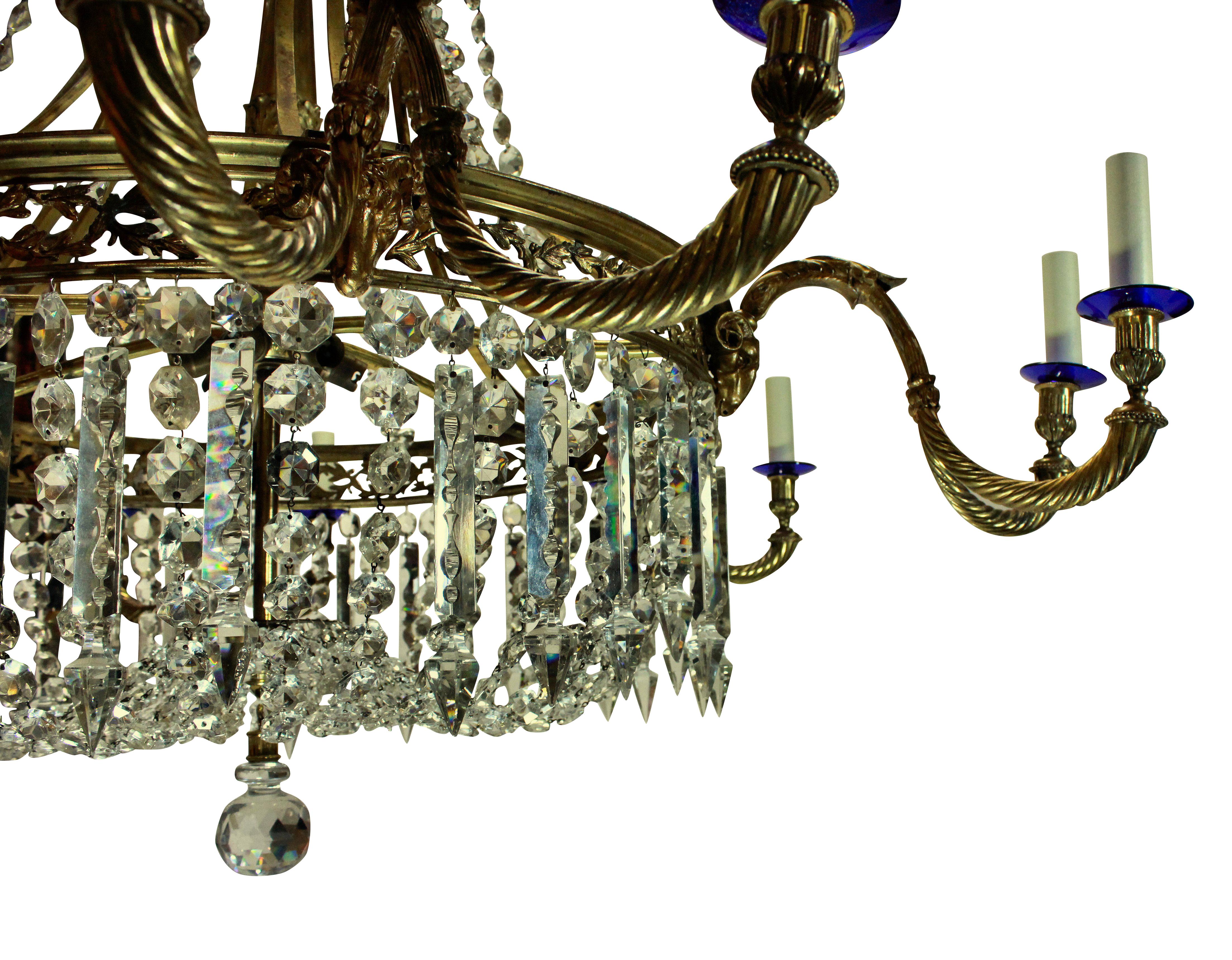 Large Gilt Bronze and Cut Glass Regency Style Chandelier In Good Condition In London, GB