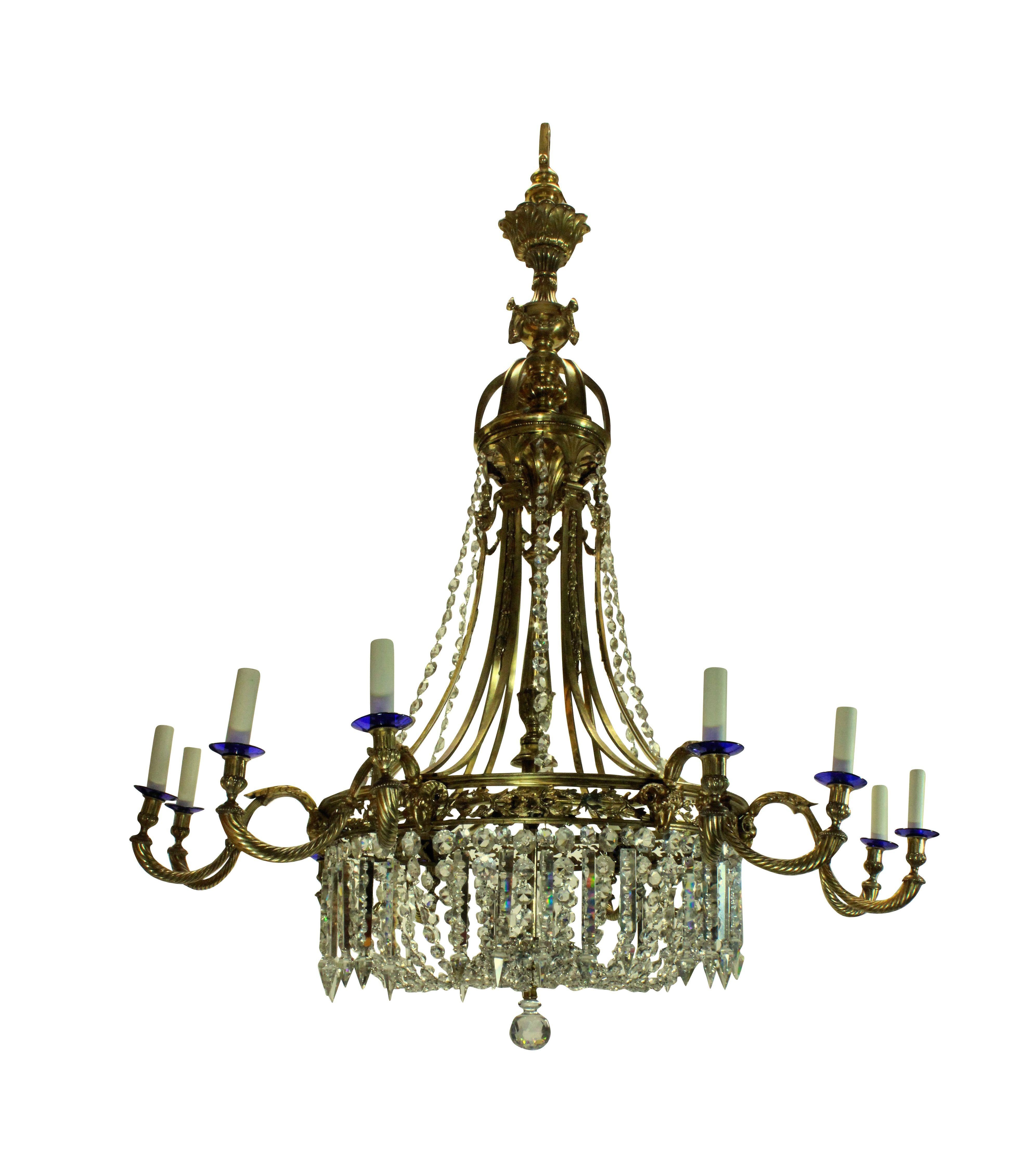 Large Gilt Bronze and Cut Glass Regency Style Chandelier In Good Condition For Sale In London, GB
