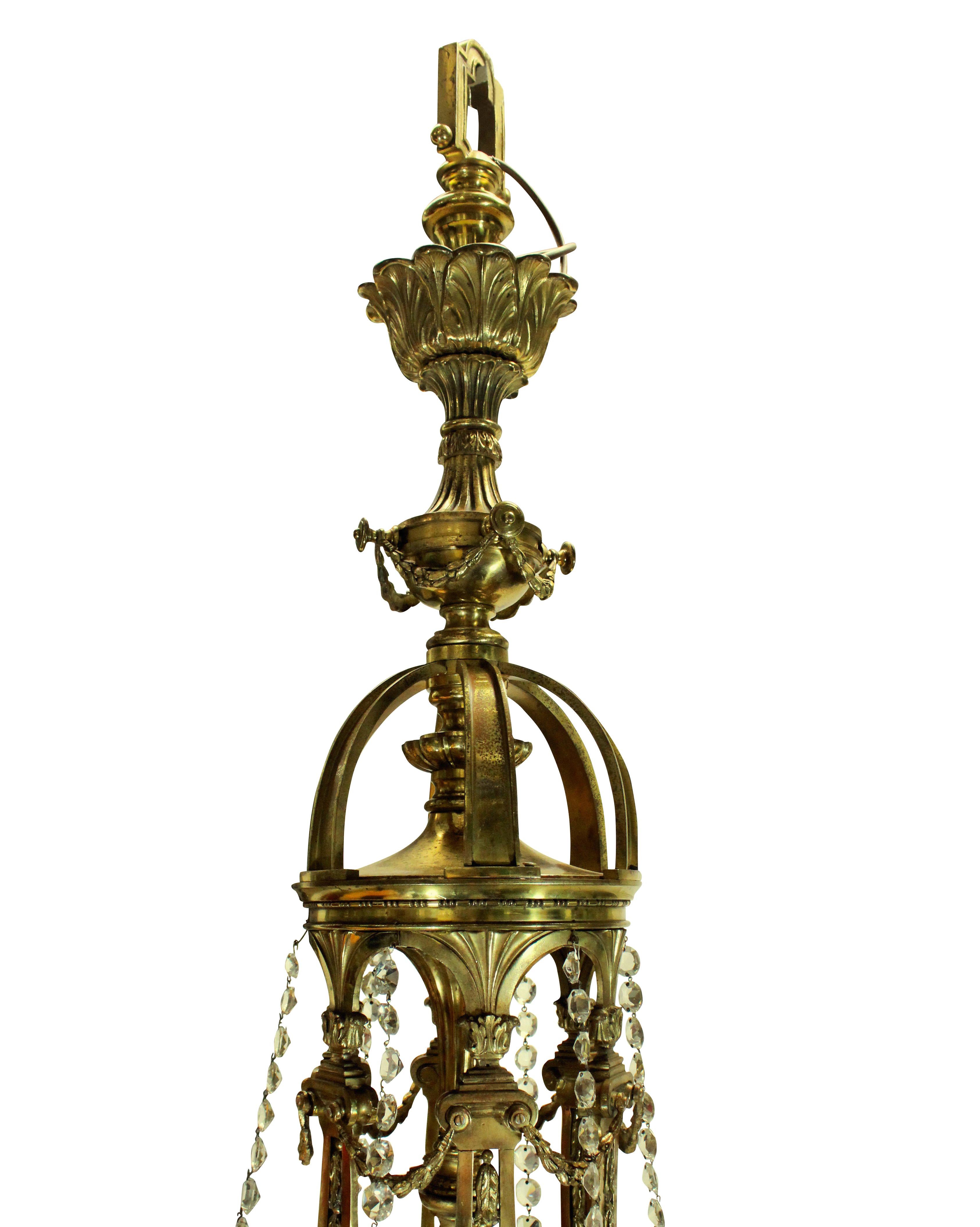 Early 20th Century Large Gilt Bronze and Cut Glass Regency Style Chandelier