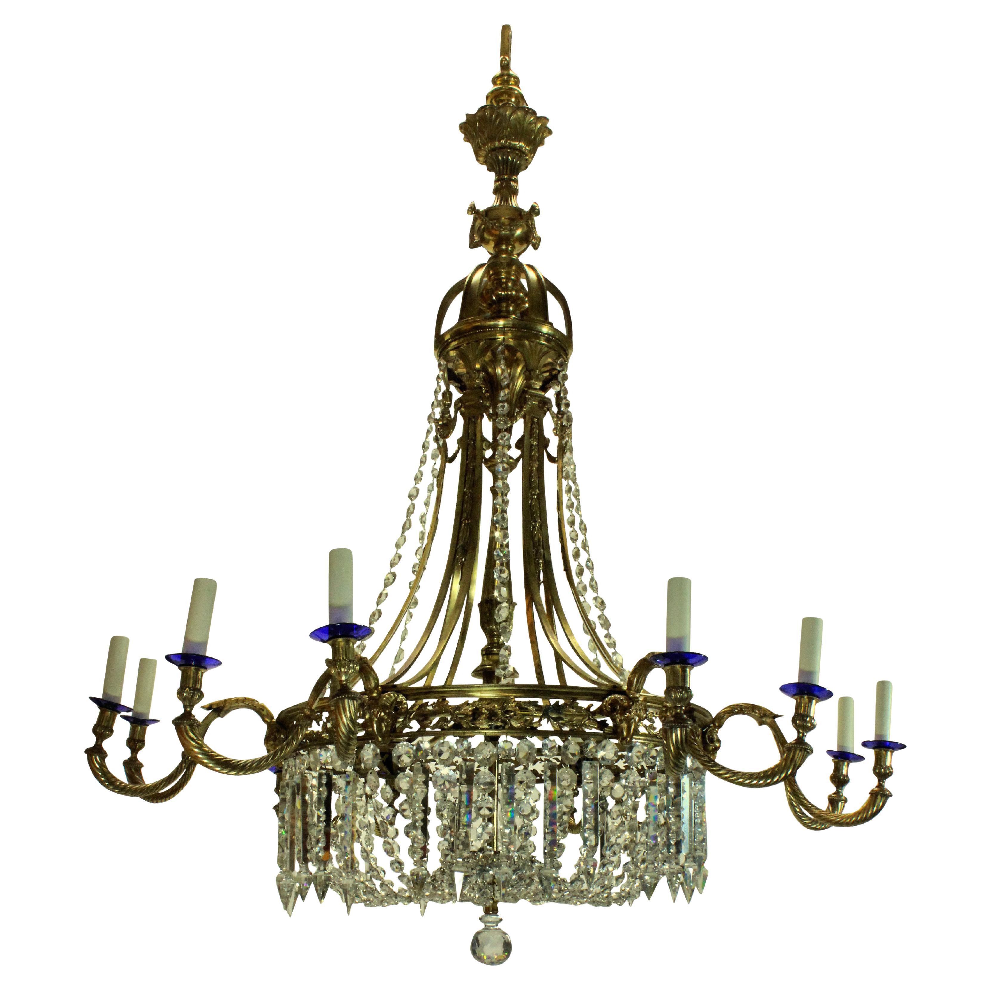 Large Gilt Bronze and Cut Glass Regency Style Chandelier For Sale