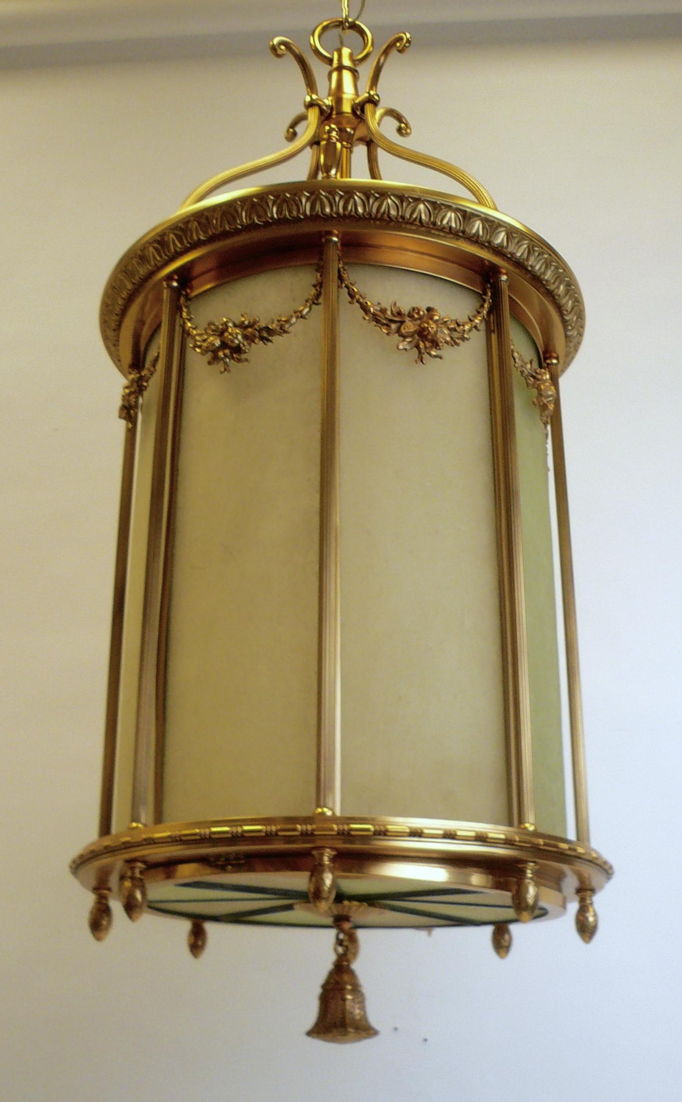 Beaux Arts Large Gilt Bronze and Leaded Glass Neoclassical Style Lantern For Sale