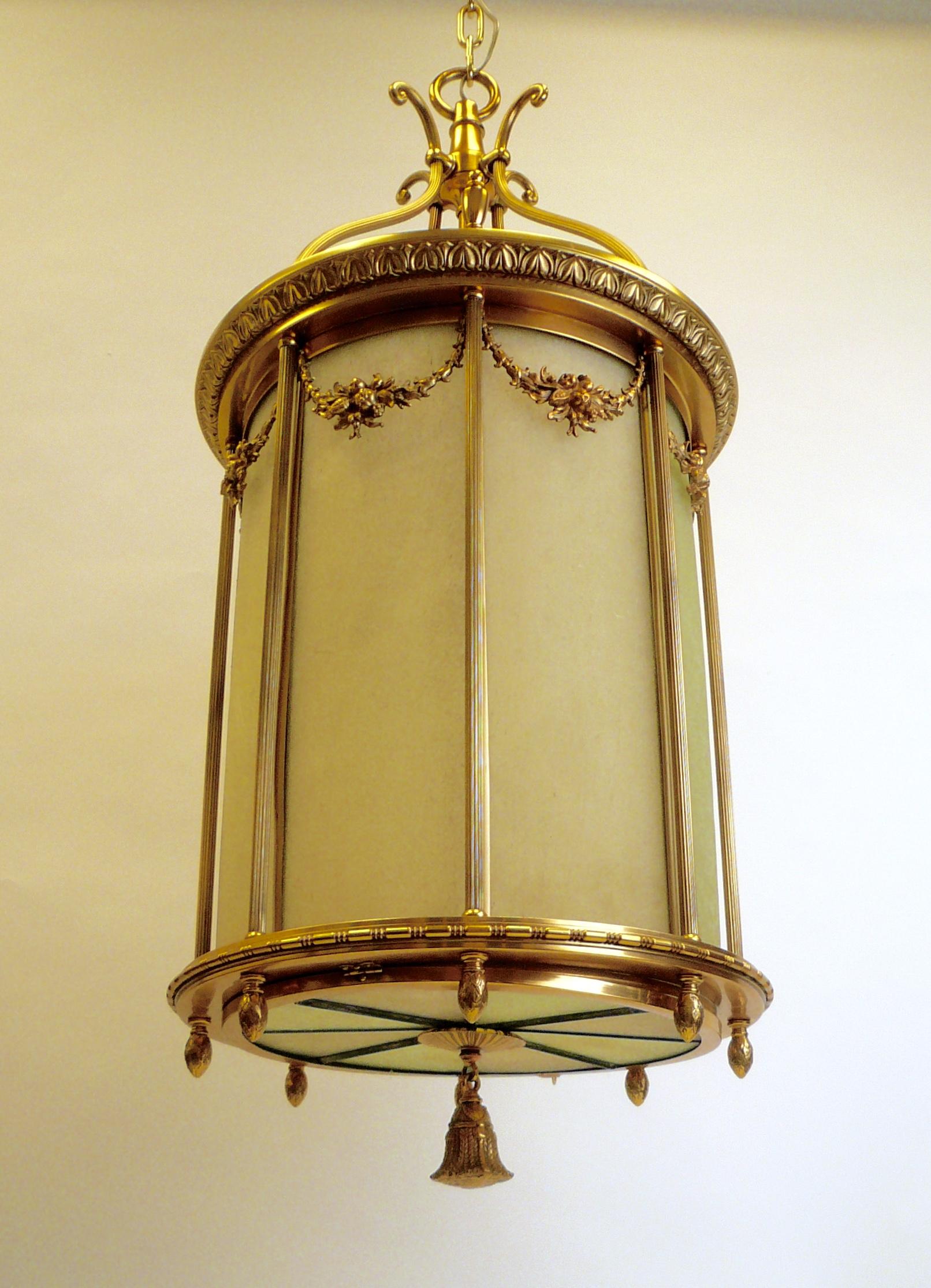 20th Century Large Gilt Bronze and Leaded Glass Neoclassical Style Lantern For Sale