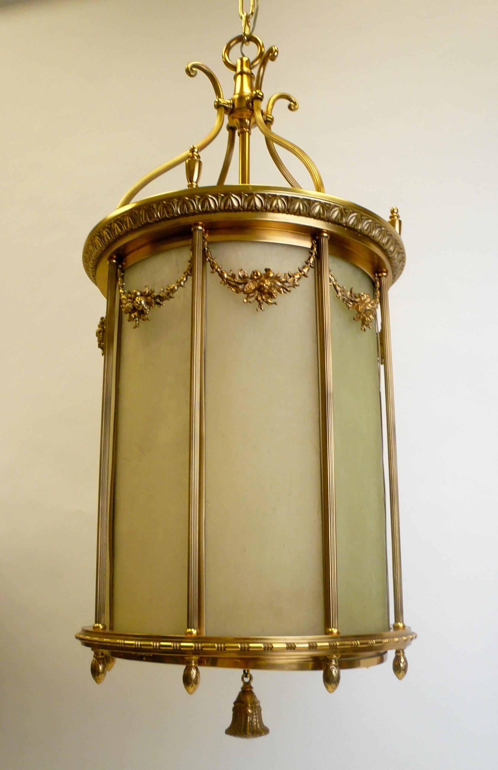 Large Gilt Bronze and Leaded Glass Neoclassical Style Lantern For Sale 3