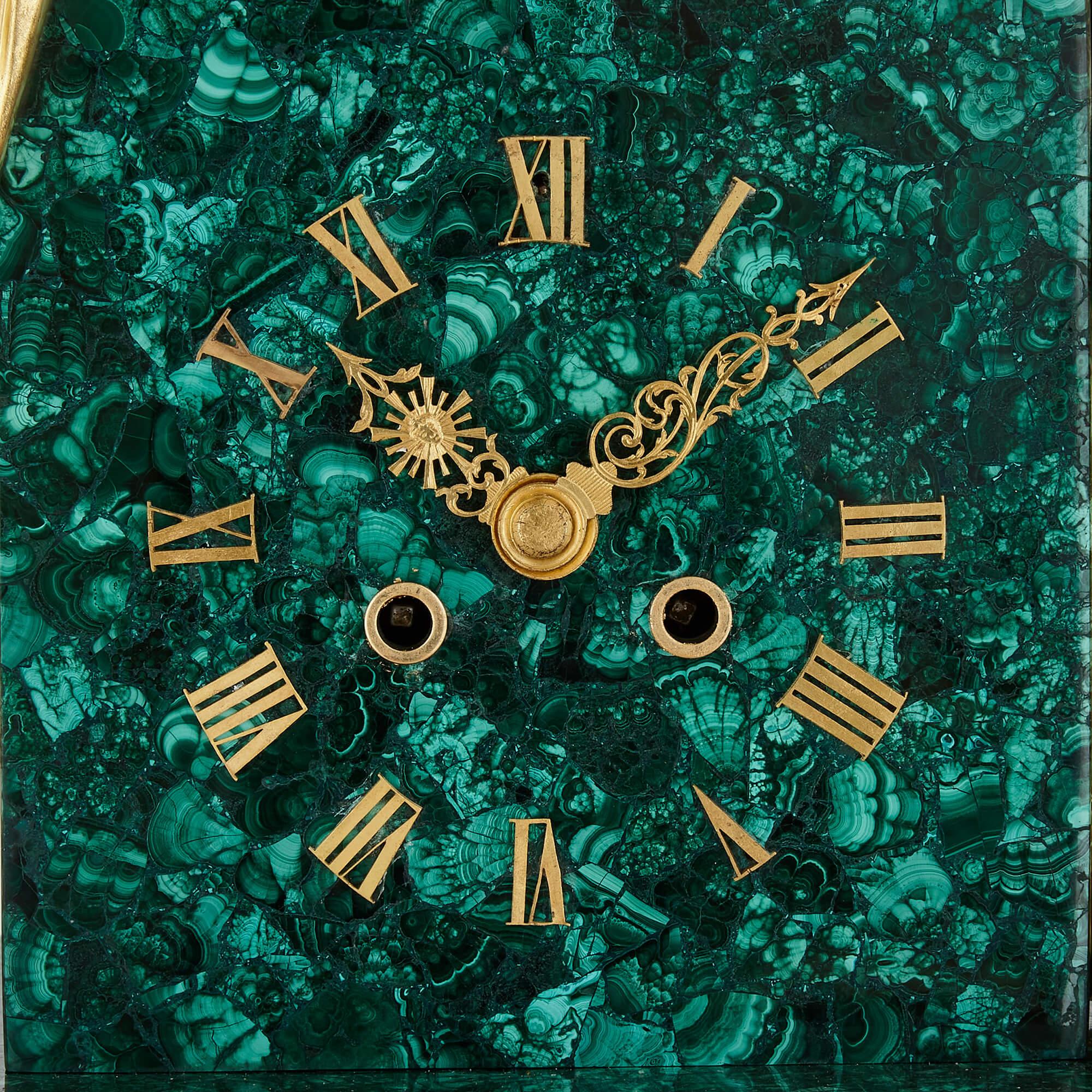 French Large Gilt-Bronze and Malachite Charles X Style Mantel Clock For Sale