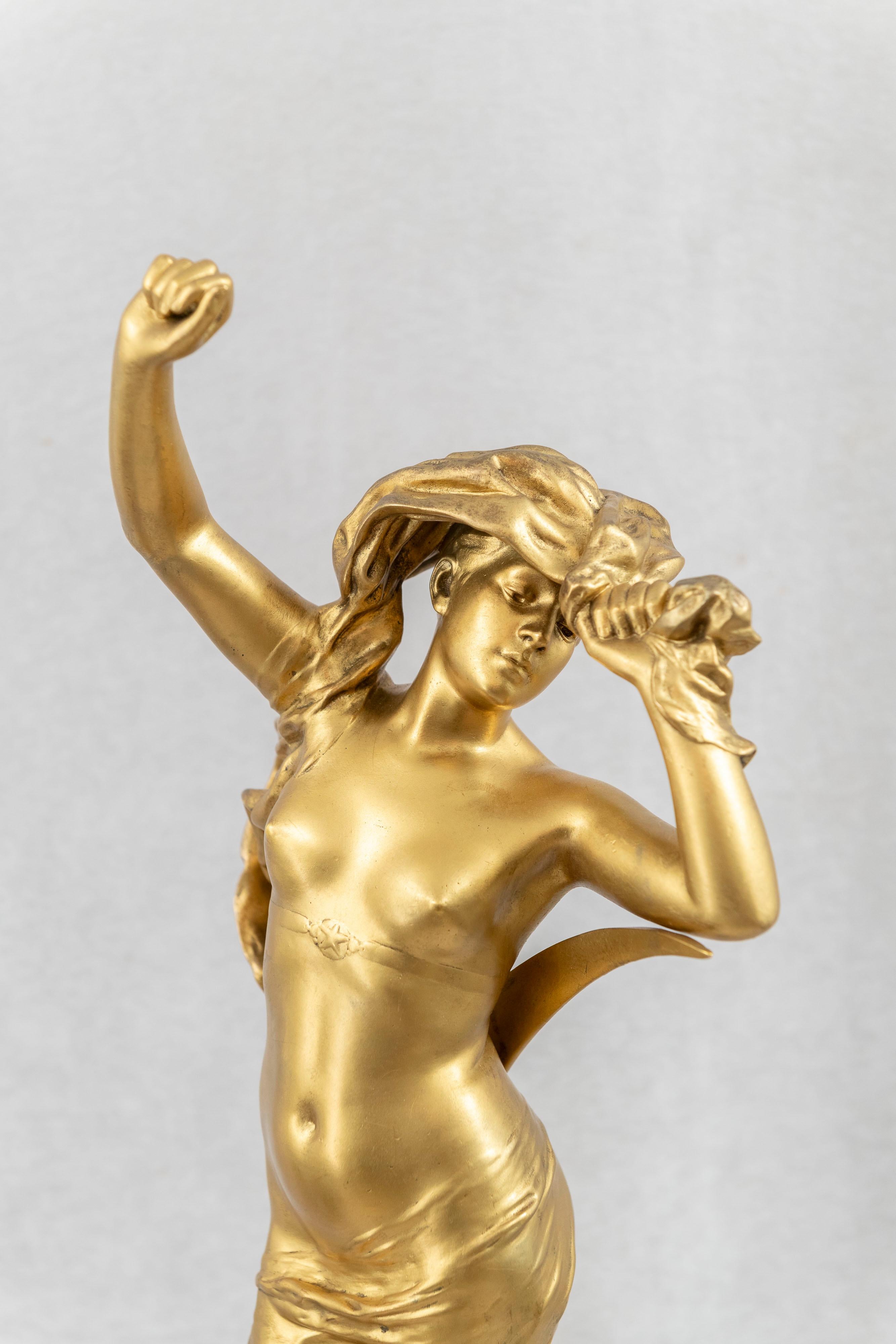 Cast Large Gilt Bronze Art Nouveau Maiden, 