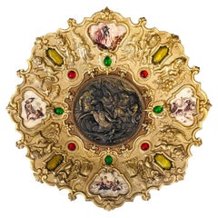 Großer Medaillonteller aus vergoldeter Bronze mit Putten, Mythologie, Nymphe – Italien – 19. Jahrhundert