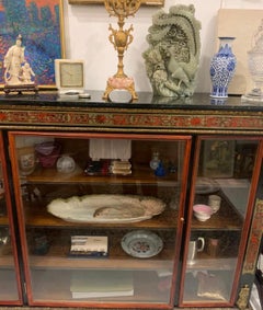 Large Gilt Bronze Mounted Ebonized Wood and Boulle Work Antique Vitrine Cabinet