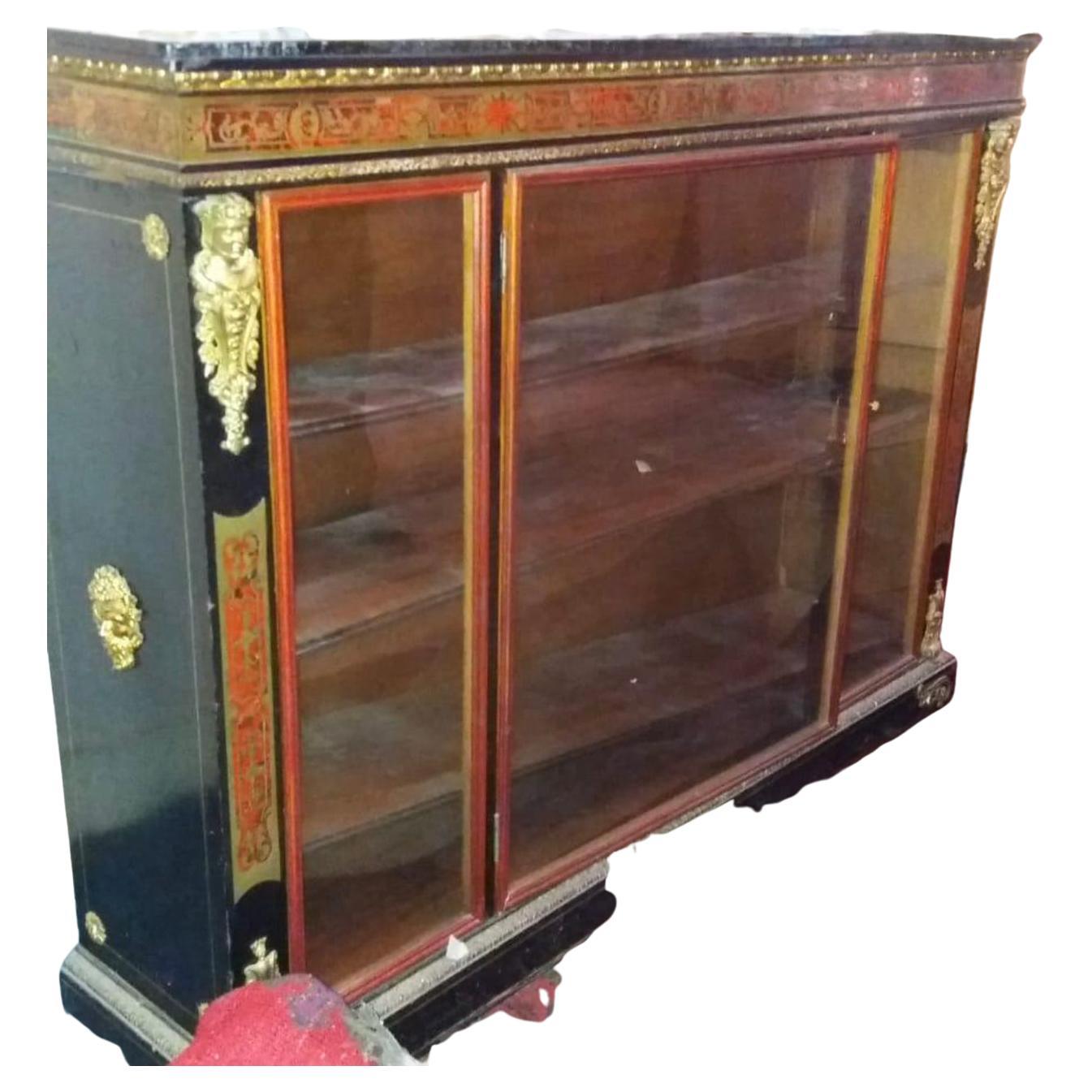 Large Gilt Bronze Mounted Ebonized Wood and Boulle Work Antique Vitrine Cabinet For Sale