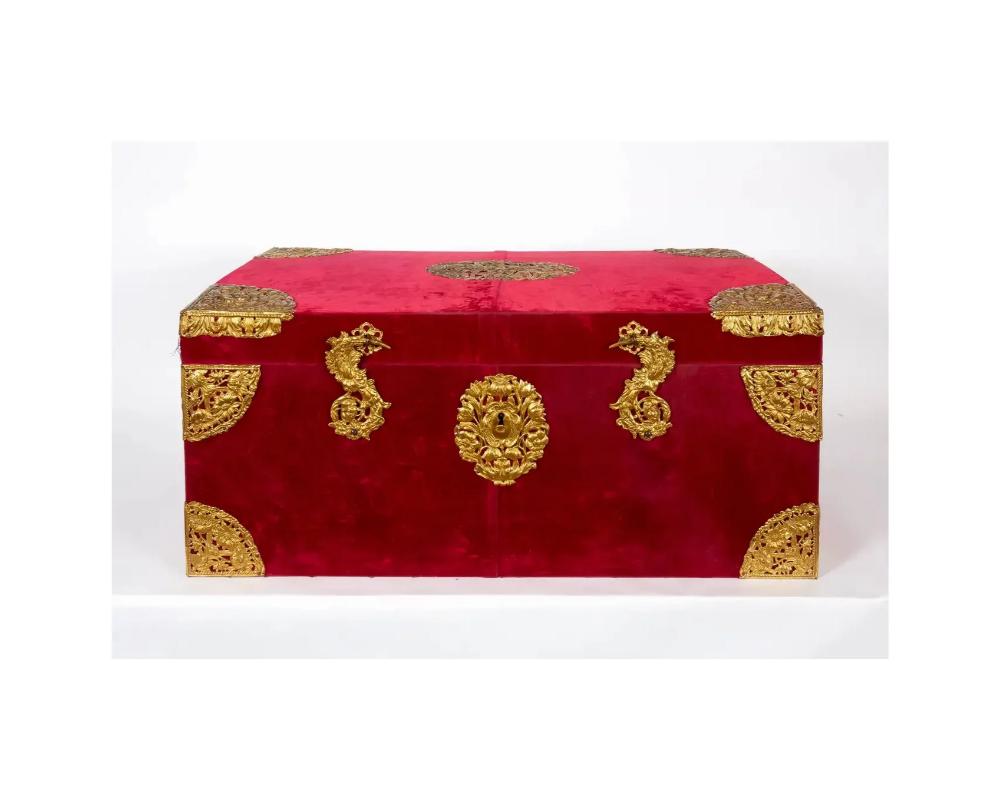 Renaissance Large Gilt-Bronze Mounted Red Velvet Box / Trunk by E.F. Caldwell & Co For Sale