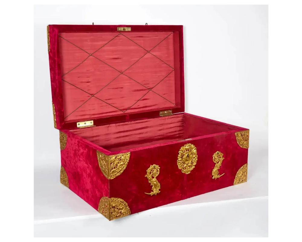French Large Gilt-Bronze Mounted Red Velvet Box / Trunk by E.F. Caldwell & Co For Sale