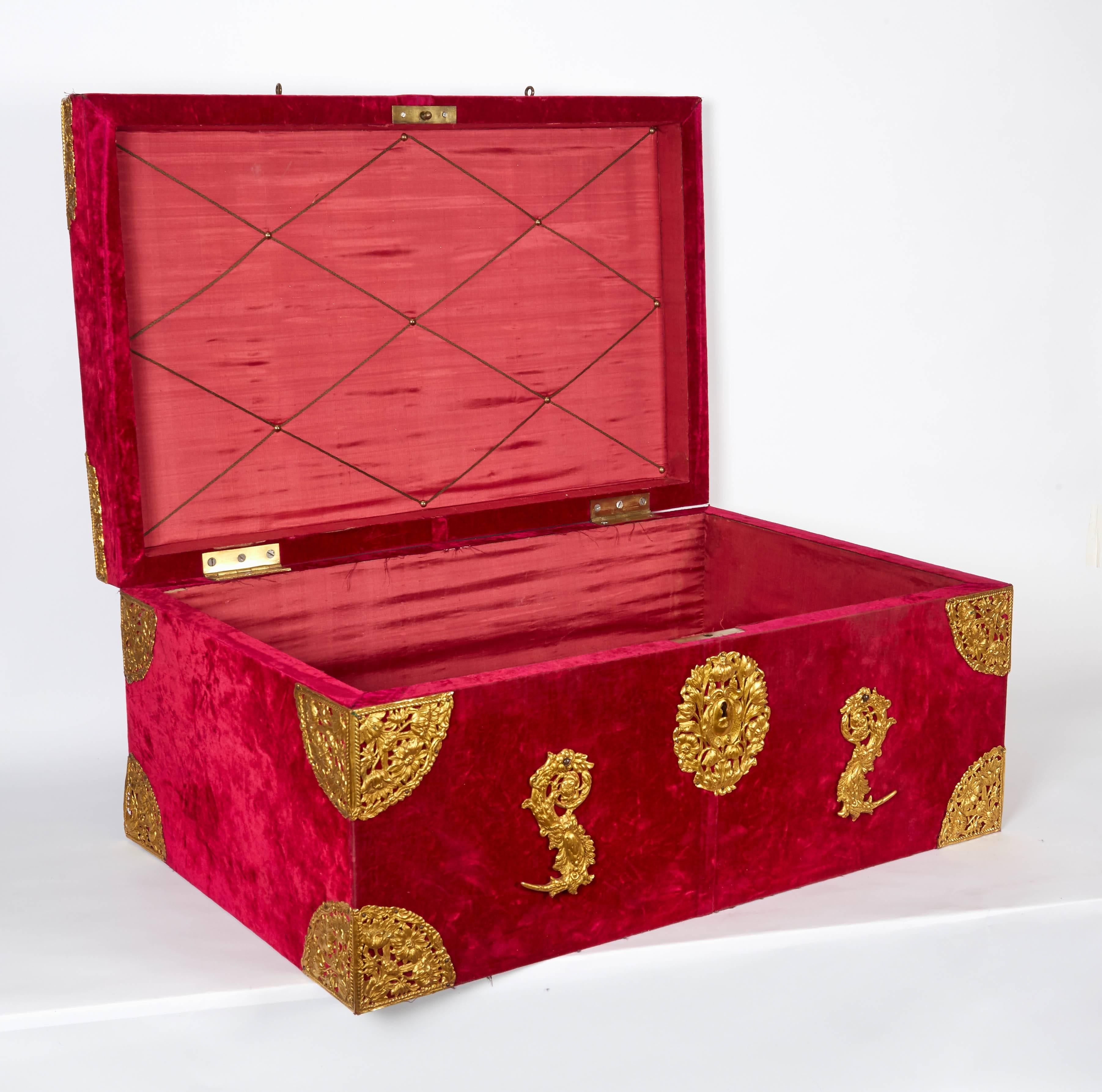 American Large Gilt-Bronze Mounted Red Velvet Box / Trunk by E.F. Caldwell & Co.