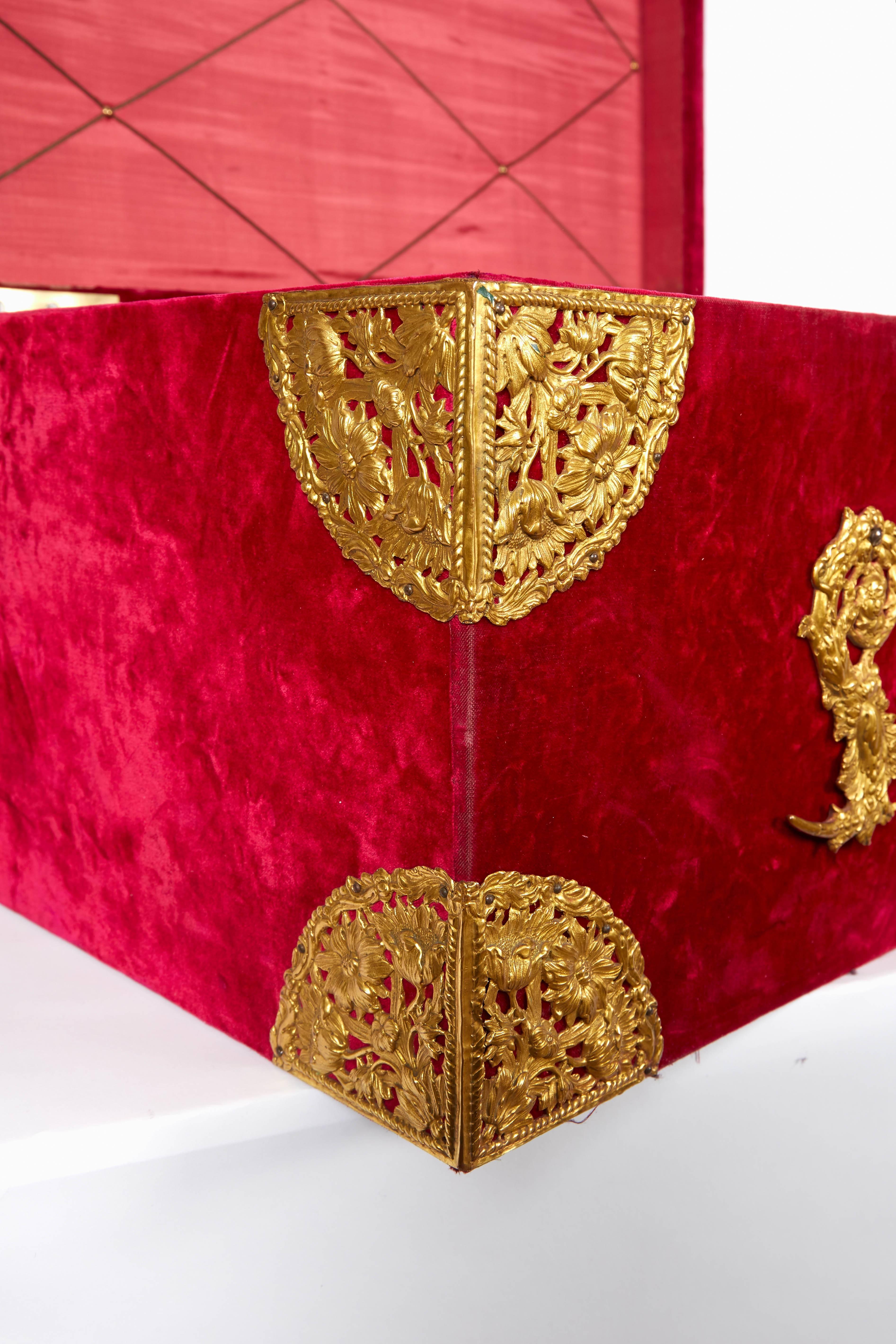 Large Gilt-Bronze Mounted Red Velvet Box / Trunk by E.F. Caldwell & Co. In Excellent Condition In New York, NY