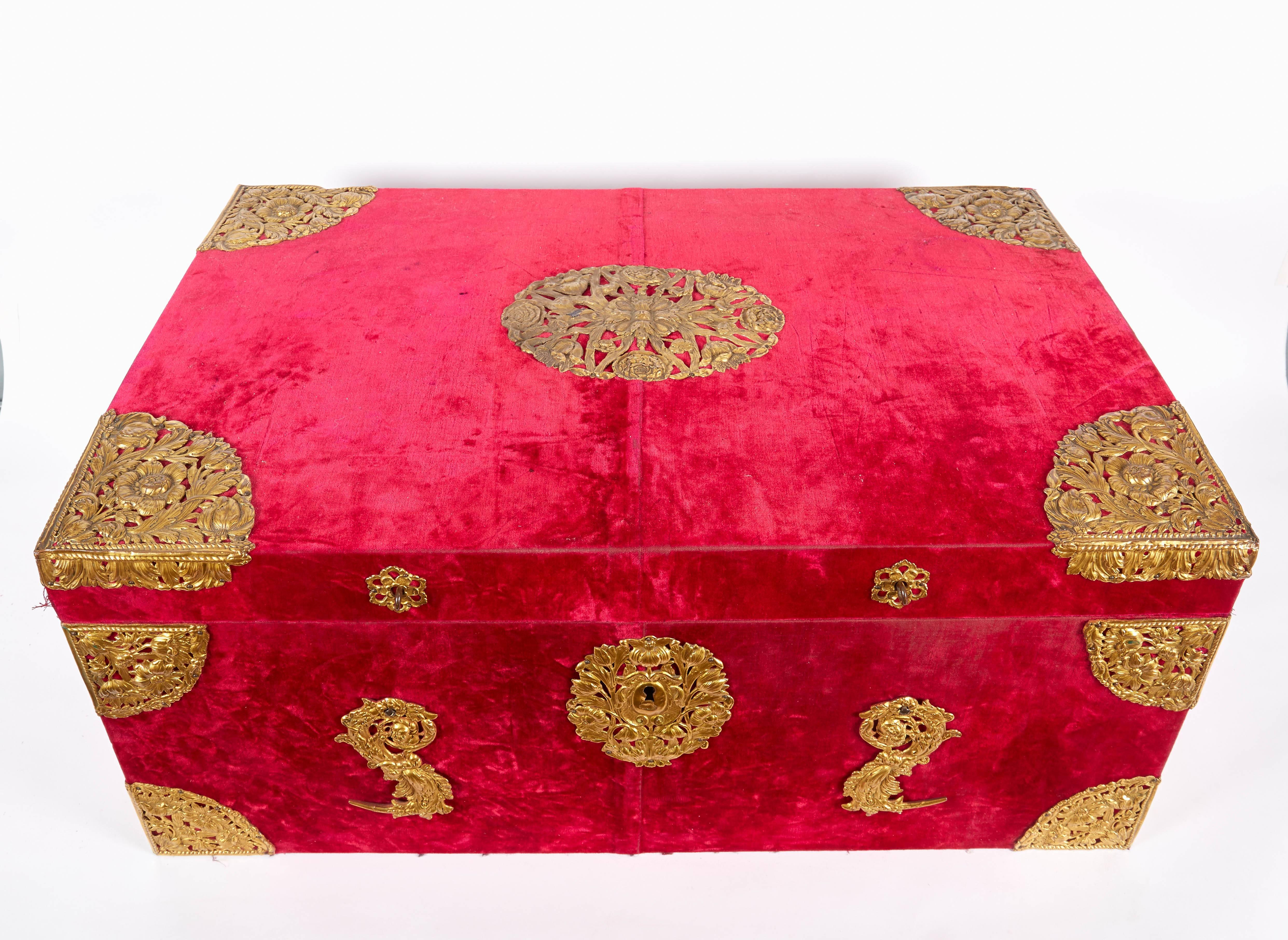 20th Century Large Gilt-Bronze Mounted Red Velvet Box / Trunk by E.F. Caldwell & Co.