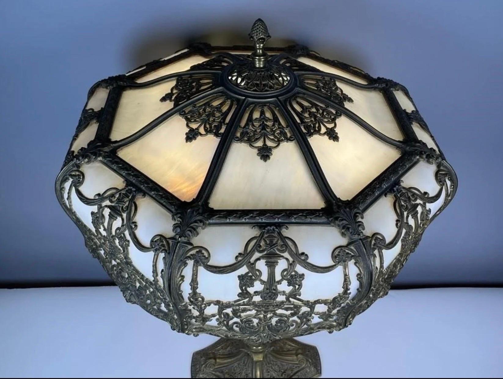 Art Nouveau Large Gilt Bronze Neo Classical Bent Glass Lamp For Sale