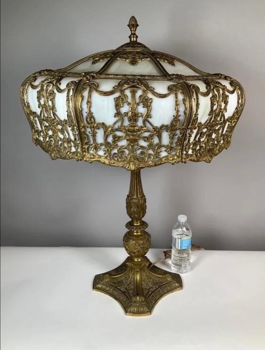 Early 20th Century Large Gilt Bronze Neo Classical Bent Glass Lamp For Sale