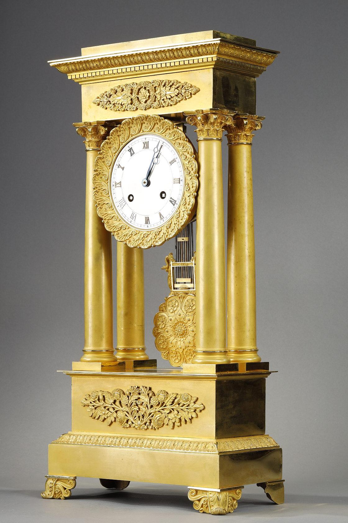 French Large Gilt Bronze Portico Clock, Restoration Period For Sale