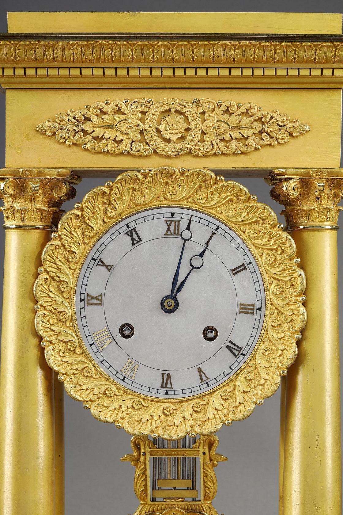 Early 19th Century Large Gilt Bronze Portico Clock, Restoration Period For Sale
