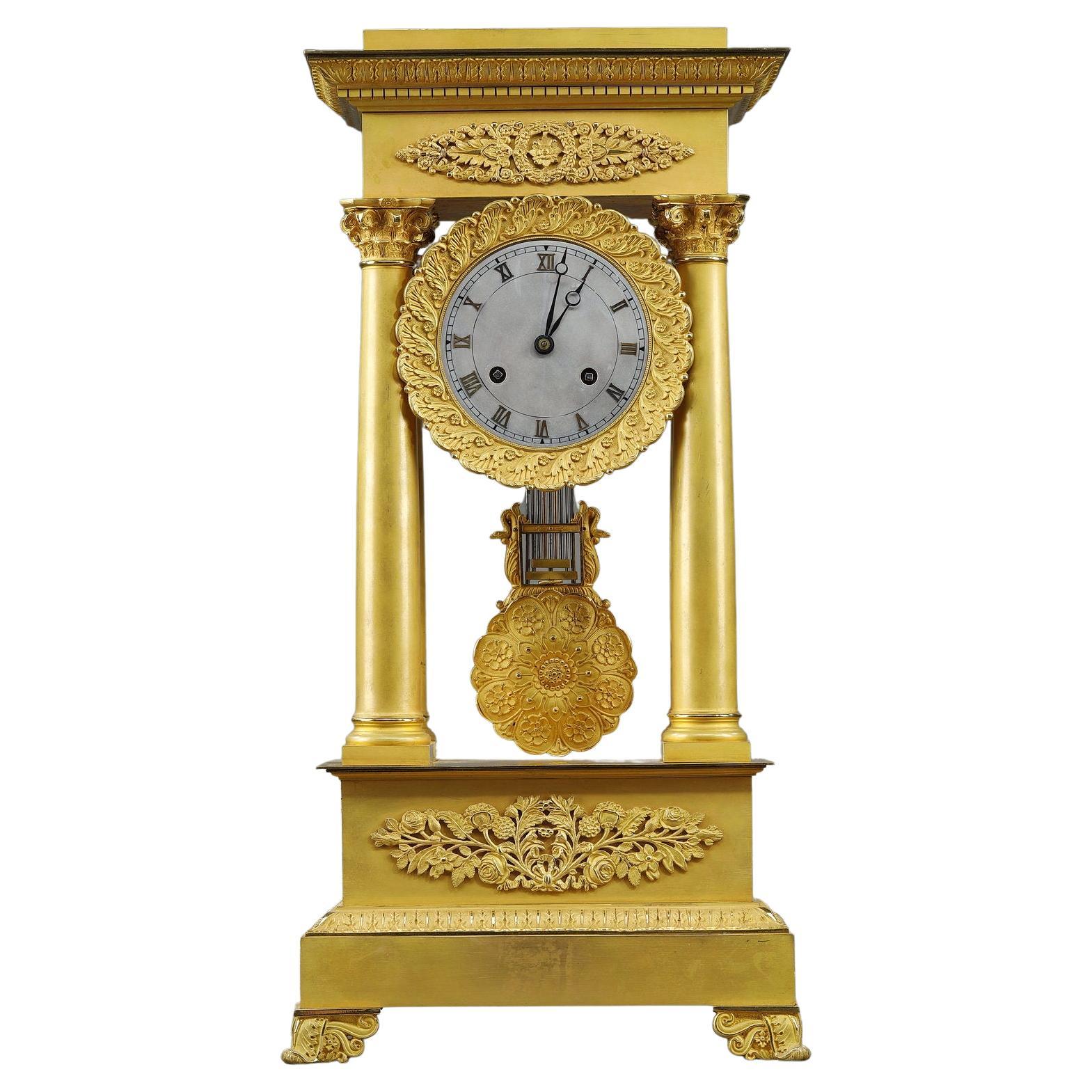 Large Gilt Bronze Portico Clock, Restoration Period For Sale