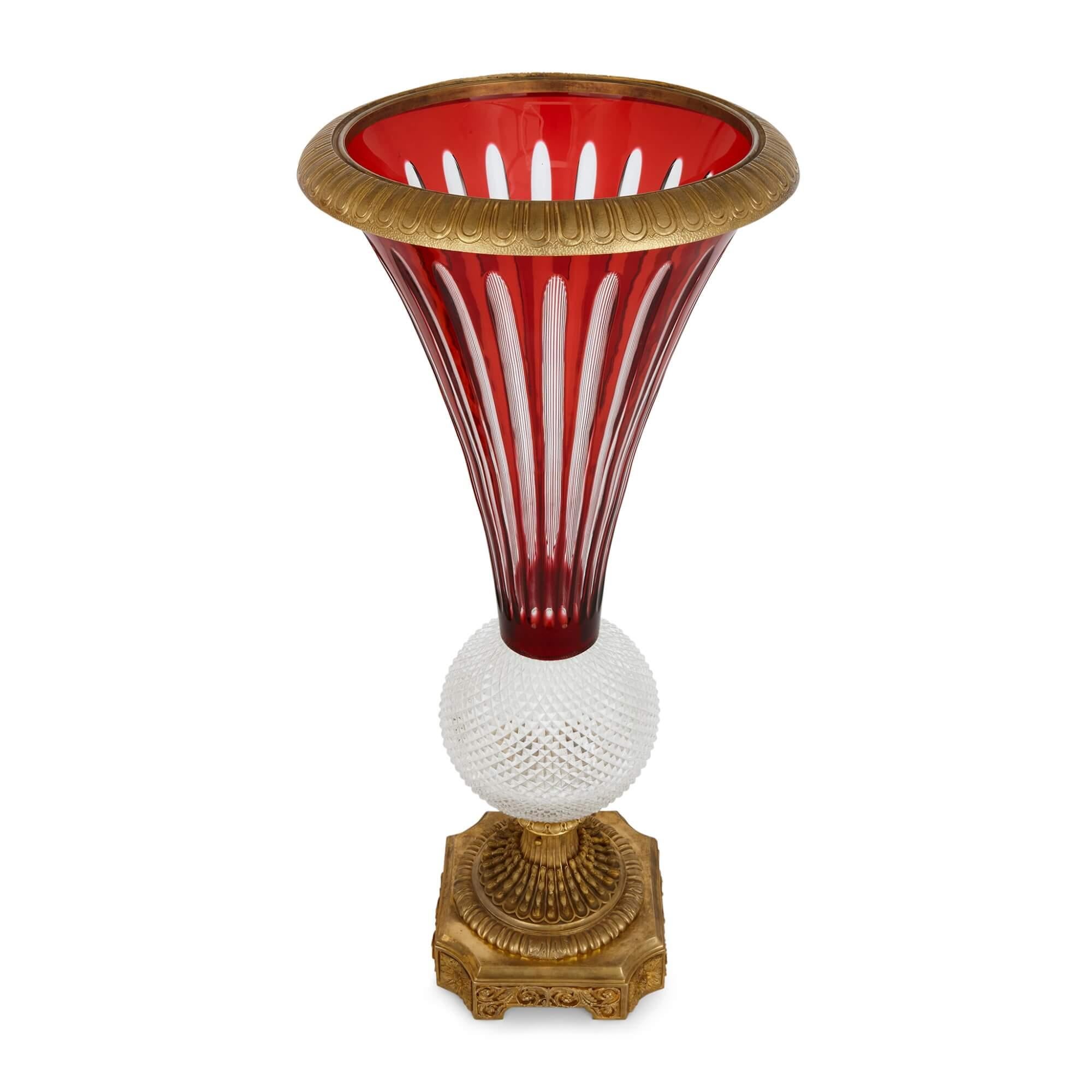 Neoclassical Large Gilt Bronze, Ruby Red and Clear Cut Glass Vase  For Sale