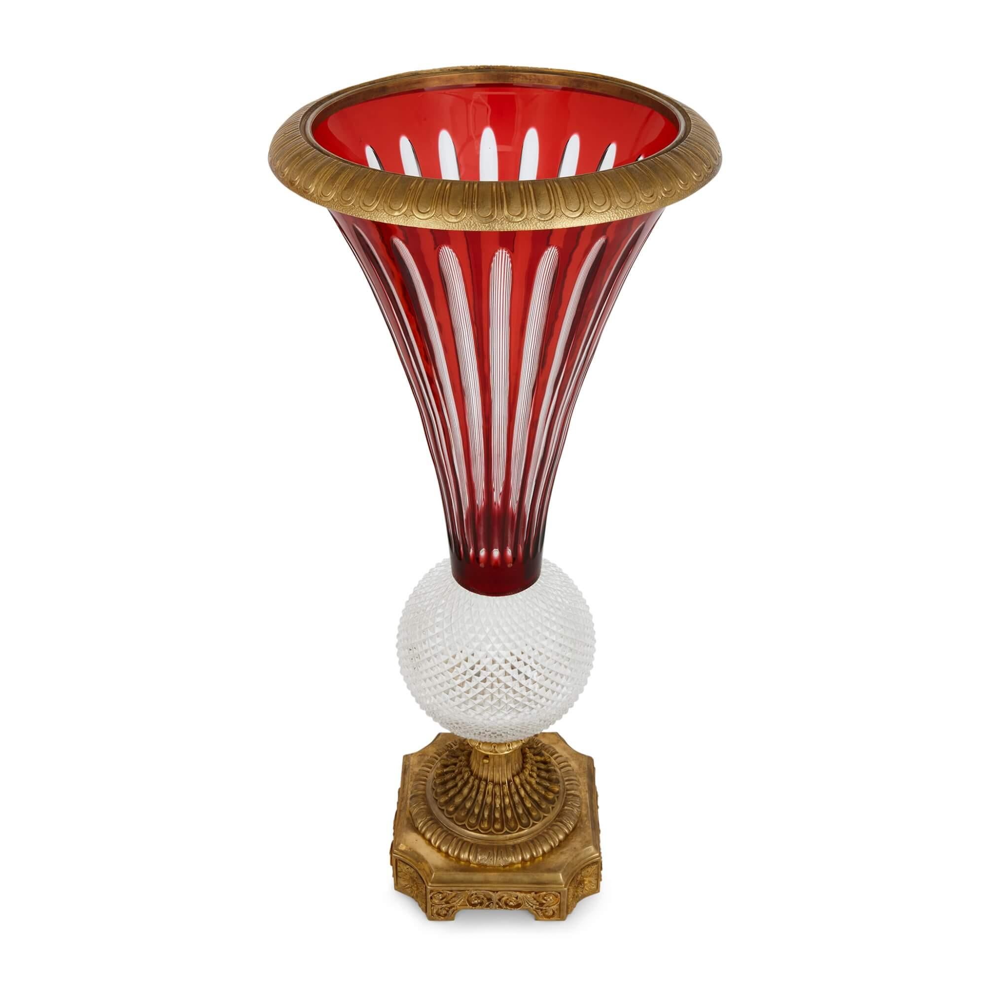 Neoclassical Large Gilt Bronze, Ruby Red and Clear Cut Glass Vase For Sale