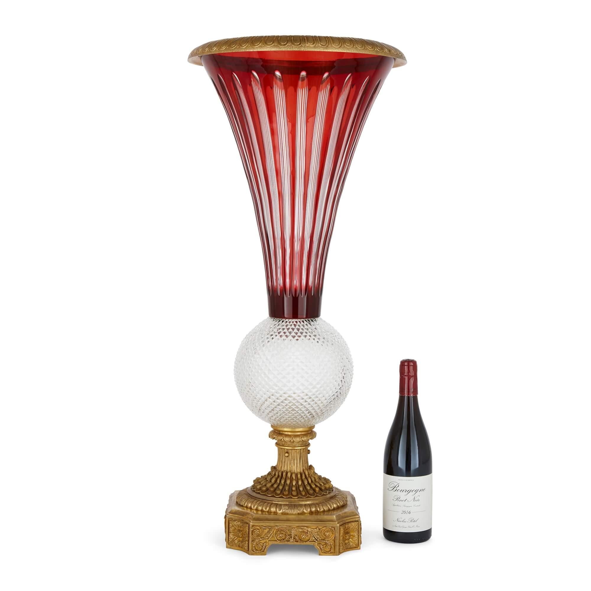 20th Century Large Gilt Bronze, Ruby Red and Clear Cut Glass Vase For Sale