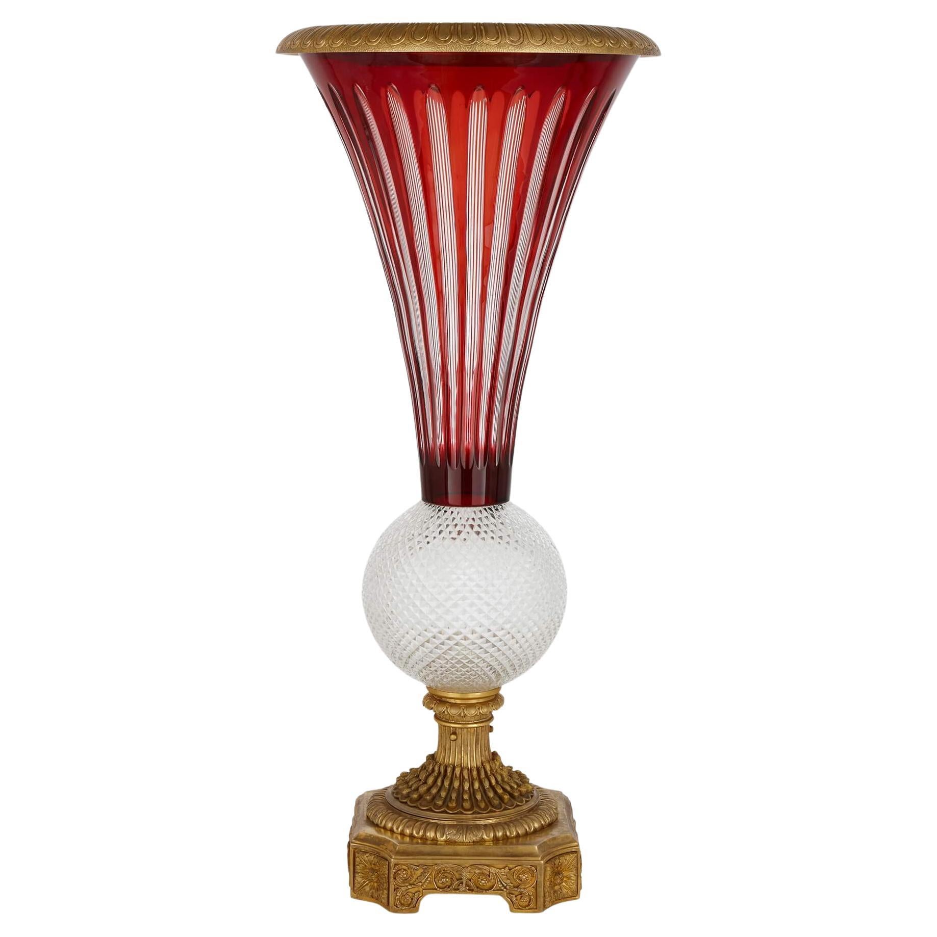 Large Gilt Bronze, Ruby Red and Clear Cut Glass Vase 