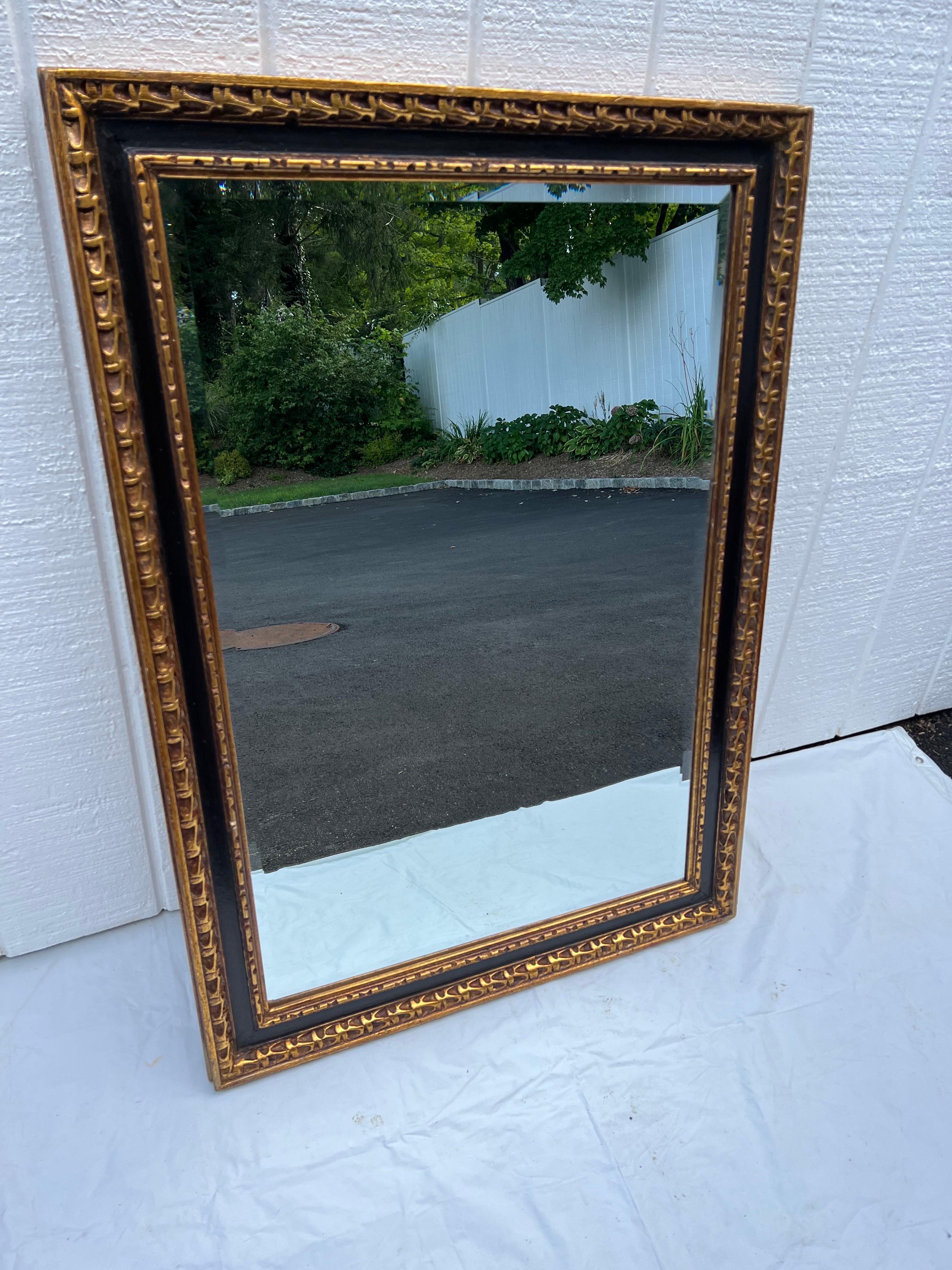 Large Gilt Cobalt Blue Black Mirror. Nice thick solid wooden frame with a bevel to the glass. Use vertically or horizontally. Wire can be moved either way.