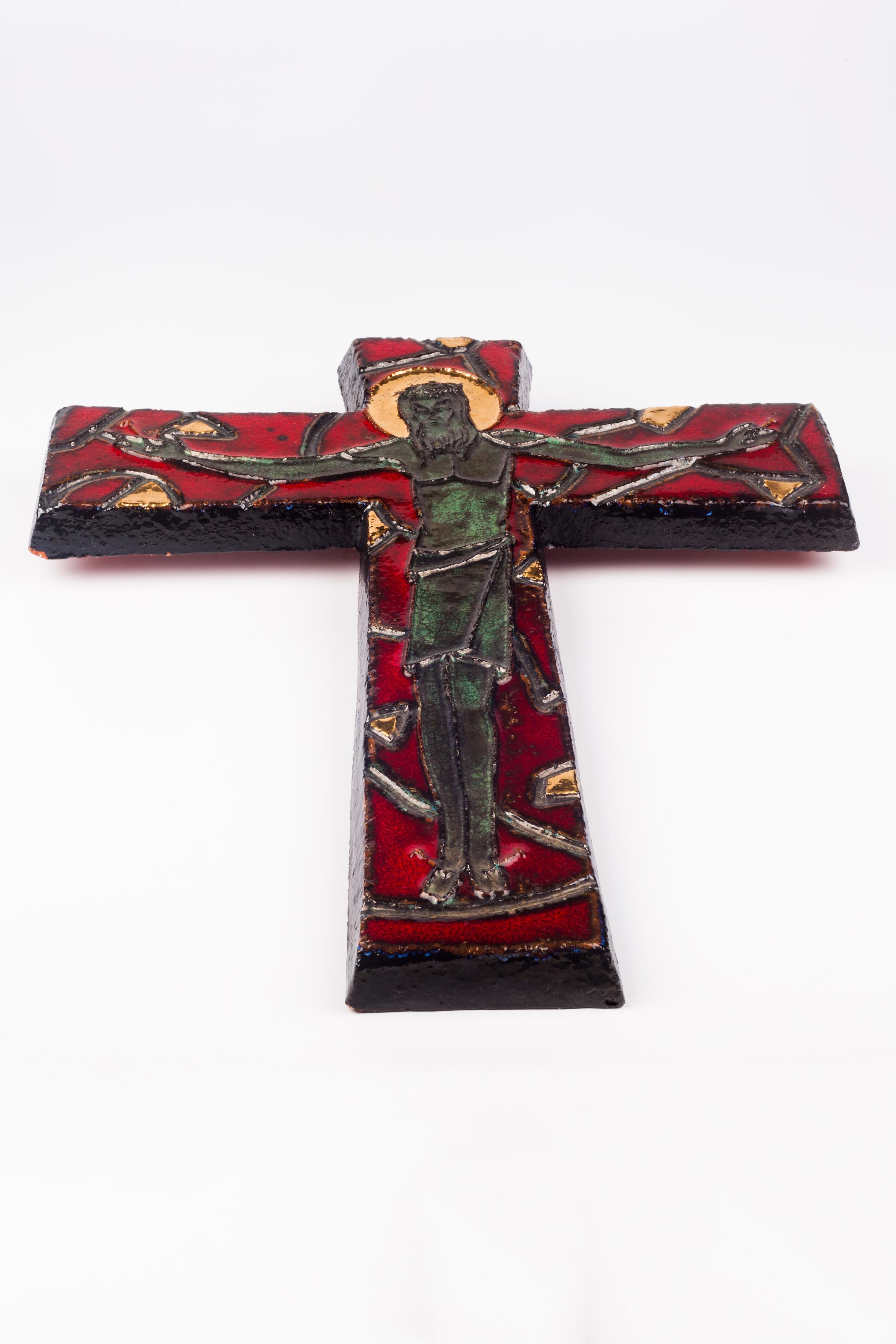 Late 20th Century Large Gilt European Crucifix, Red, Green, Grey Glazed Ceramic, 1980s