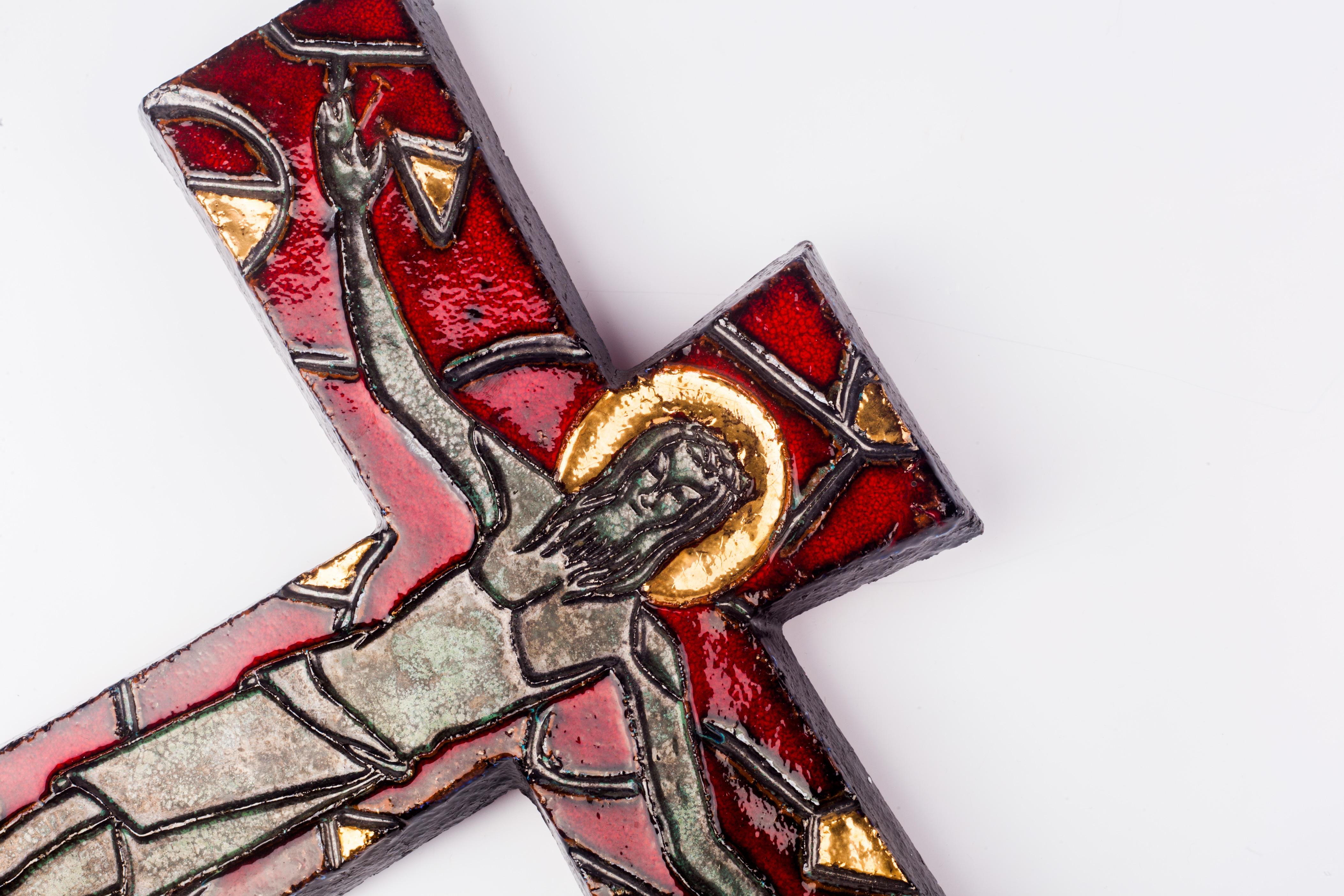 Large Gilt European Crucifix, Red, Green, Grey Glazed Ceramic, 1980s 1
