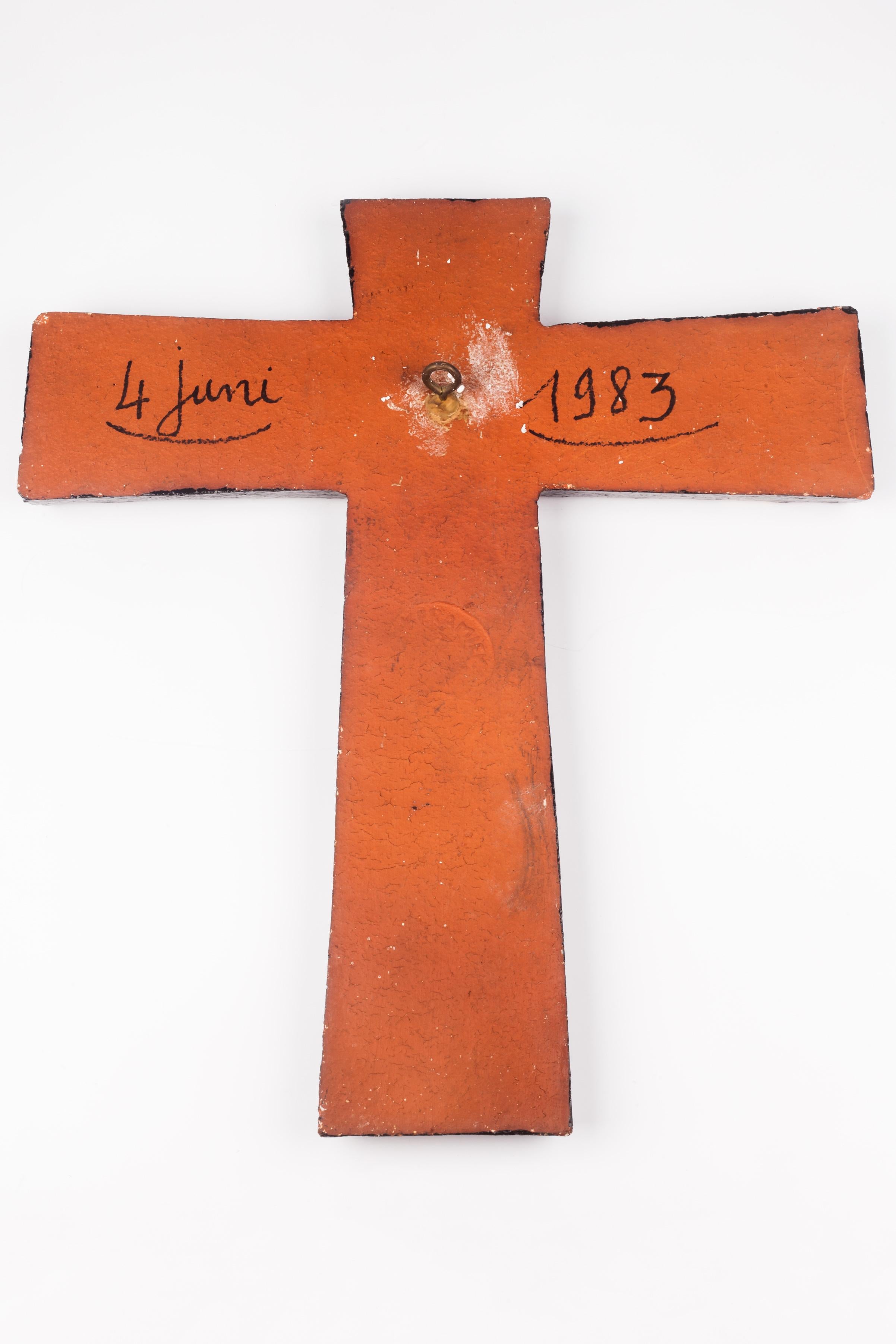 Large Gilt European Crucifix, Red, Green, Grey Glazed Ceramic, 1980s 3