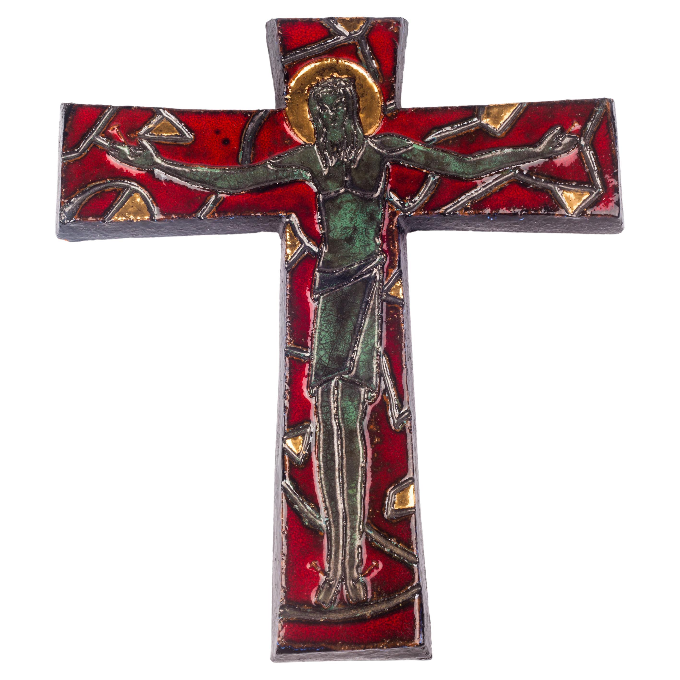 Large Gilt European Crucifix, Red, Green, Grey Glazed Ceramic, 1980s
